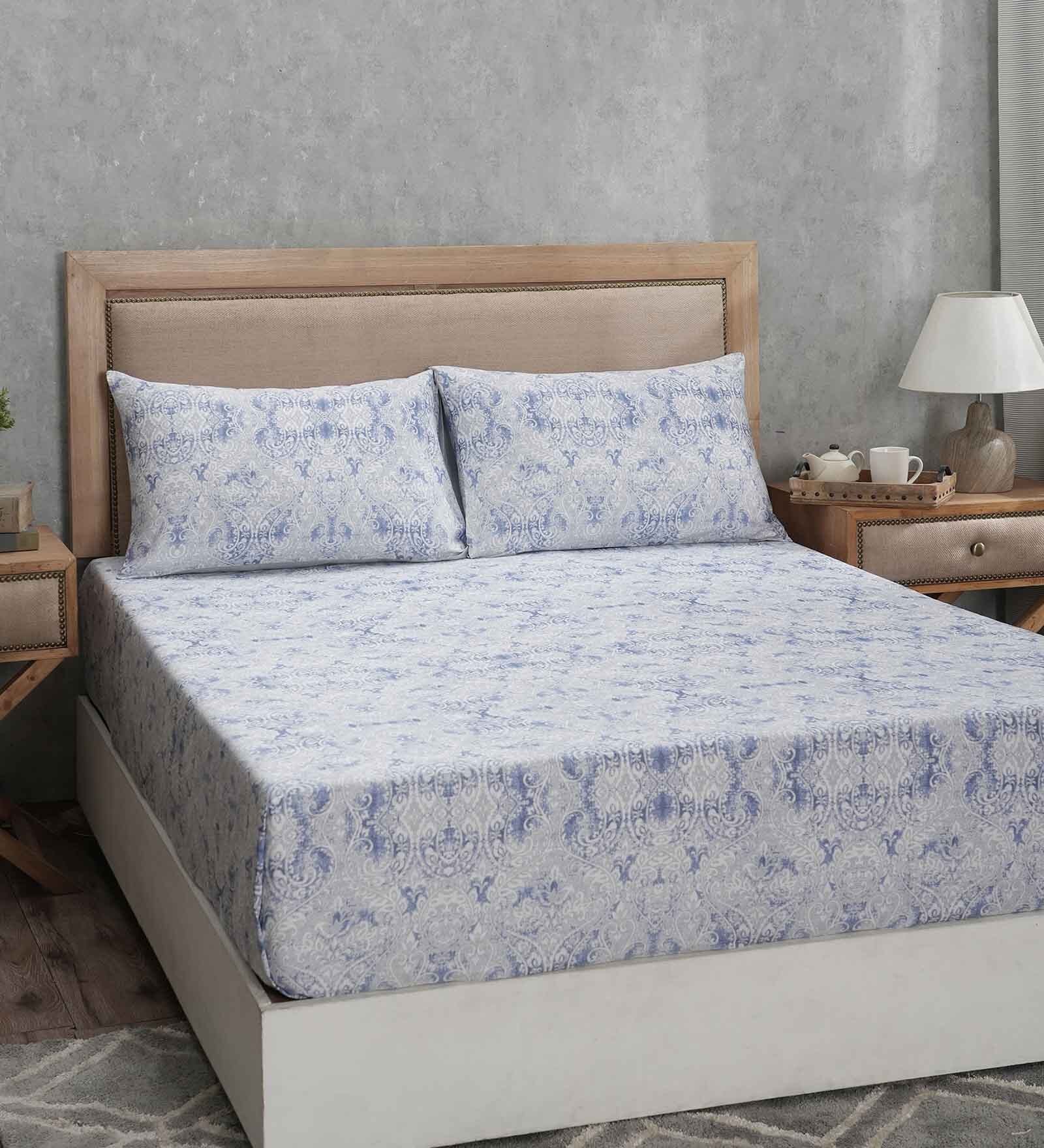 Blue Abstract 400 TC 100% Cotton King Bedsheet with 2 Pillow Covers