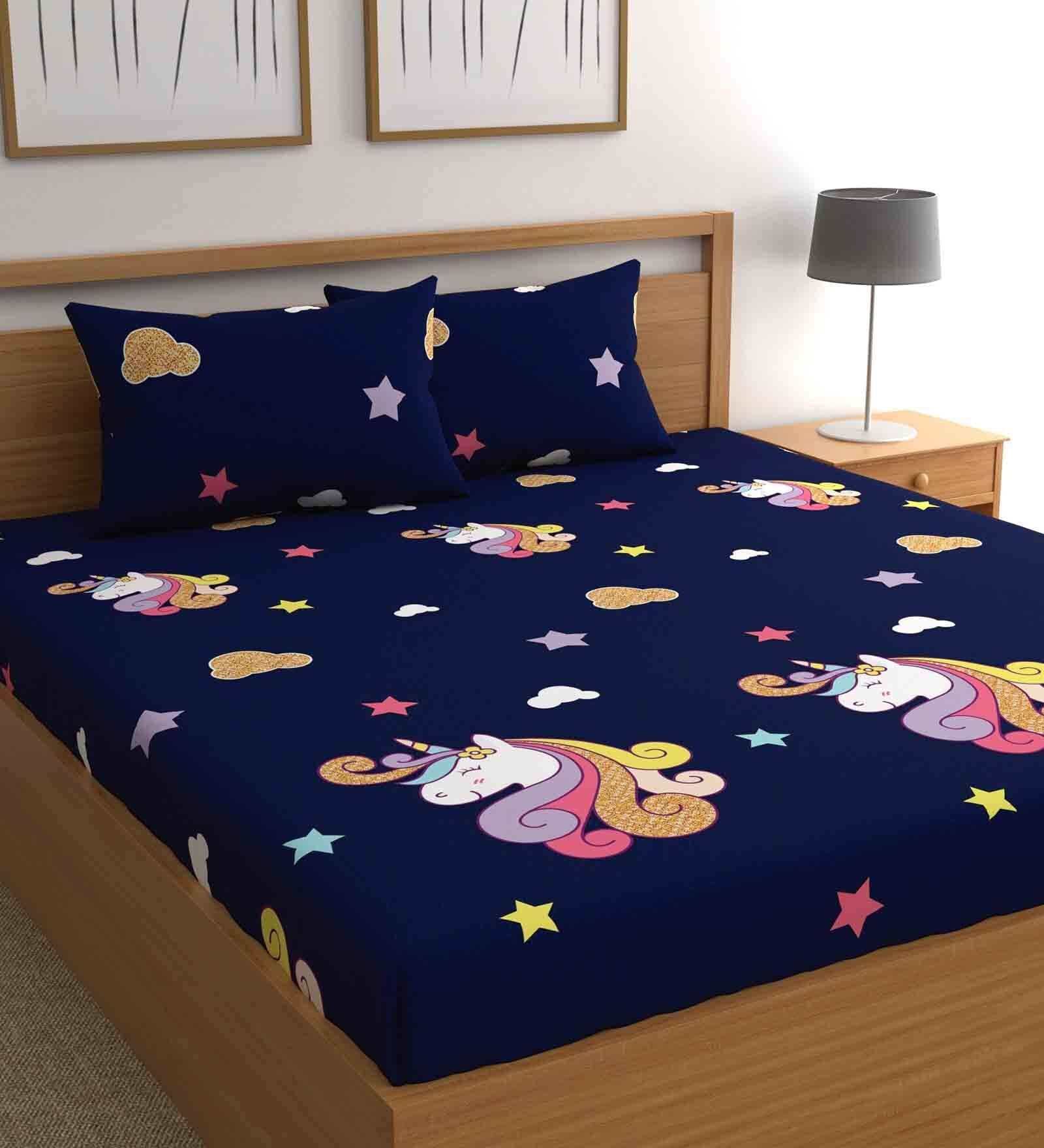 Blue Unicorn Print Bohemya 160 TC Microfiber Queen Sized Bedsheet with 2 Pillow Covers