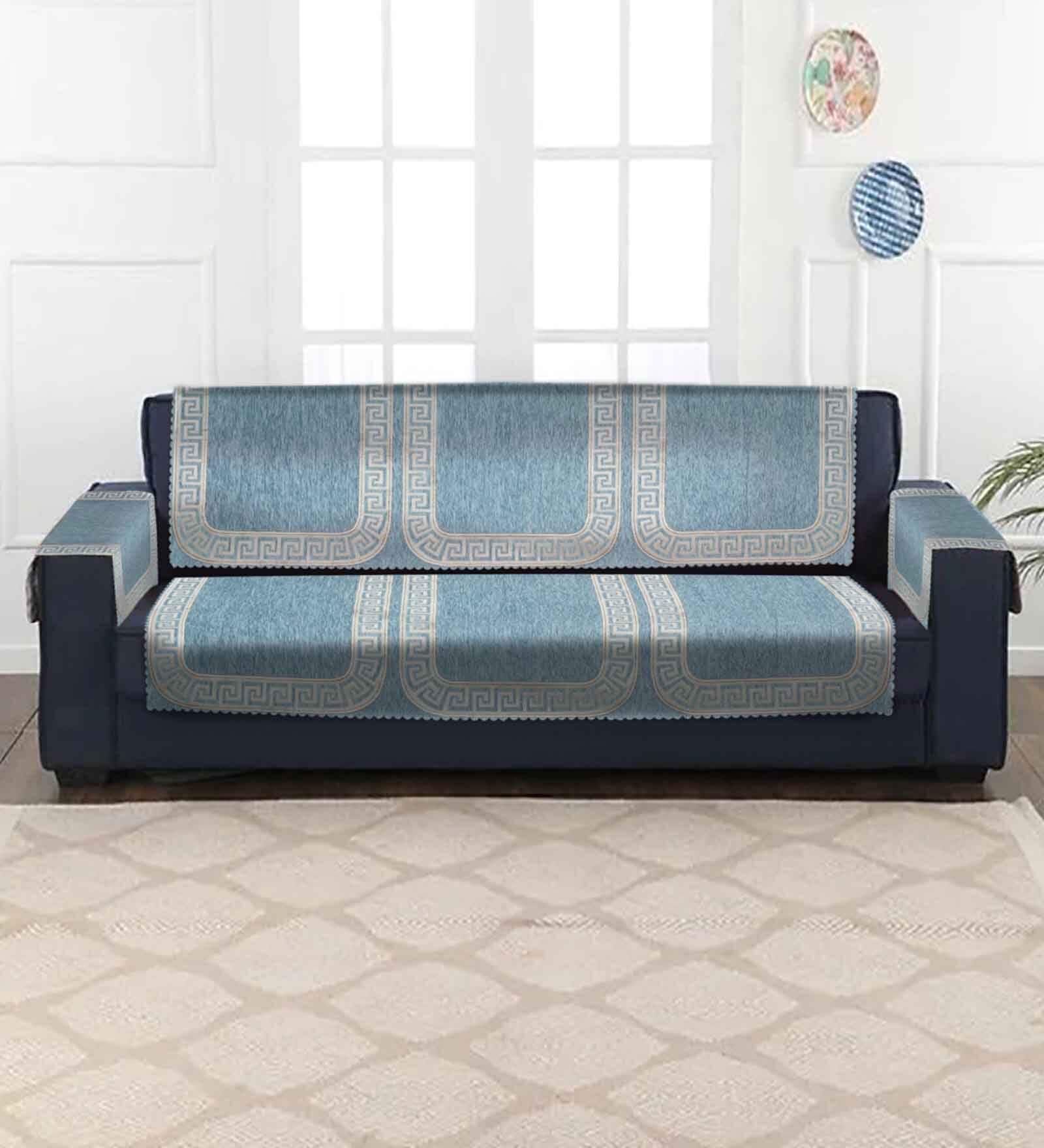 Blue Abstract Velvet 30x70 Inches 5 Seater Sofa Cover (Set of 6)