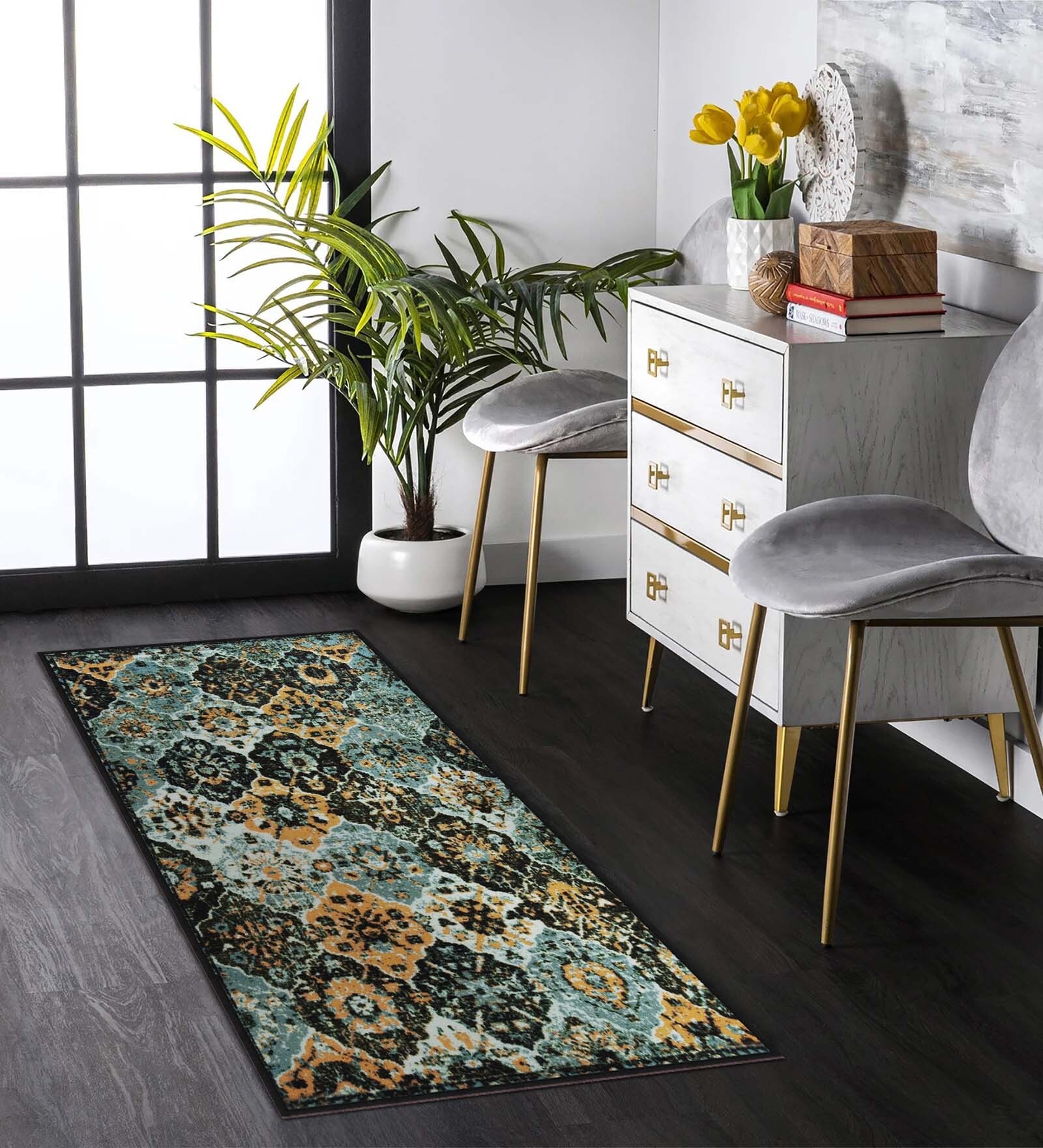Blue Abstract Polyester 5 ft x 2 ft Machine Made Runner