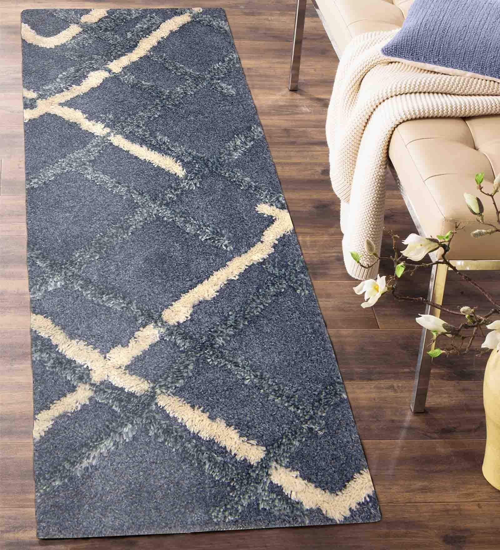 Blue Abstract Polyester 59x24 Inches Machine Made Floor Runner