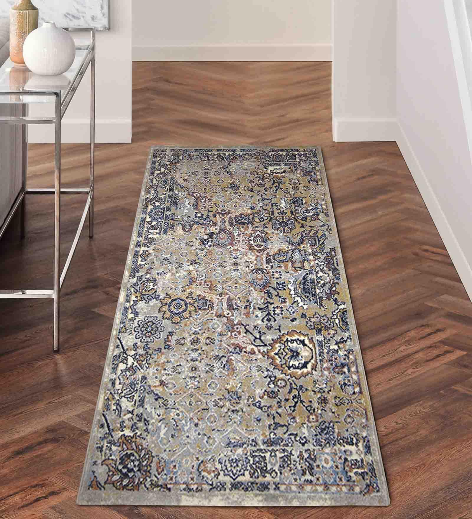 Blue Abstract Polyester 59x32 Inches Machine Made Floor Runner