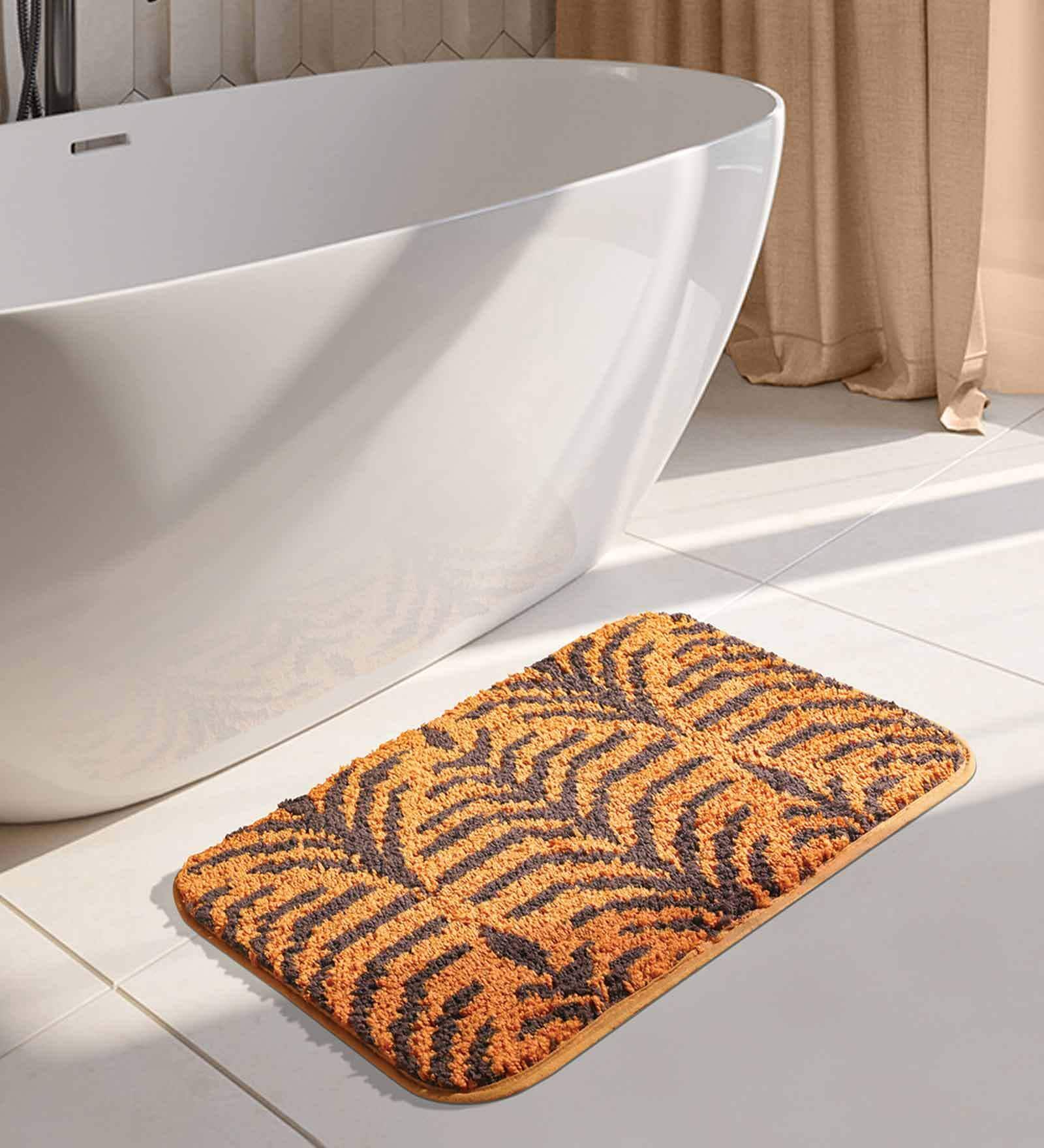 Brown Floral Polyester 28x20 Inches Anti Skid Bath Mat