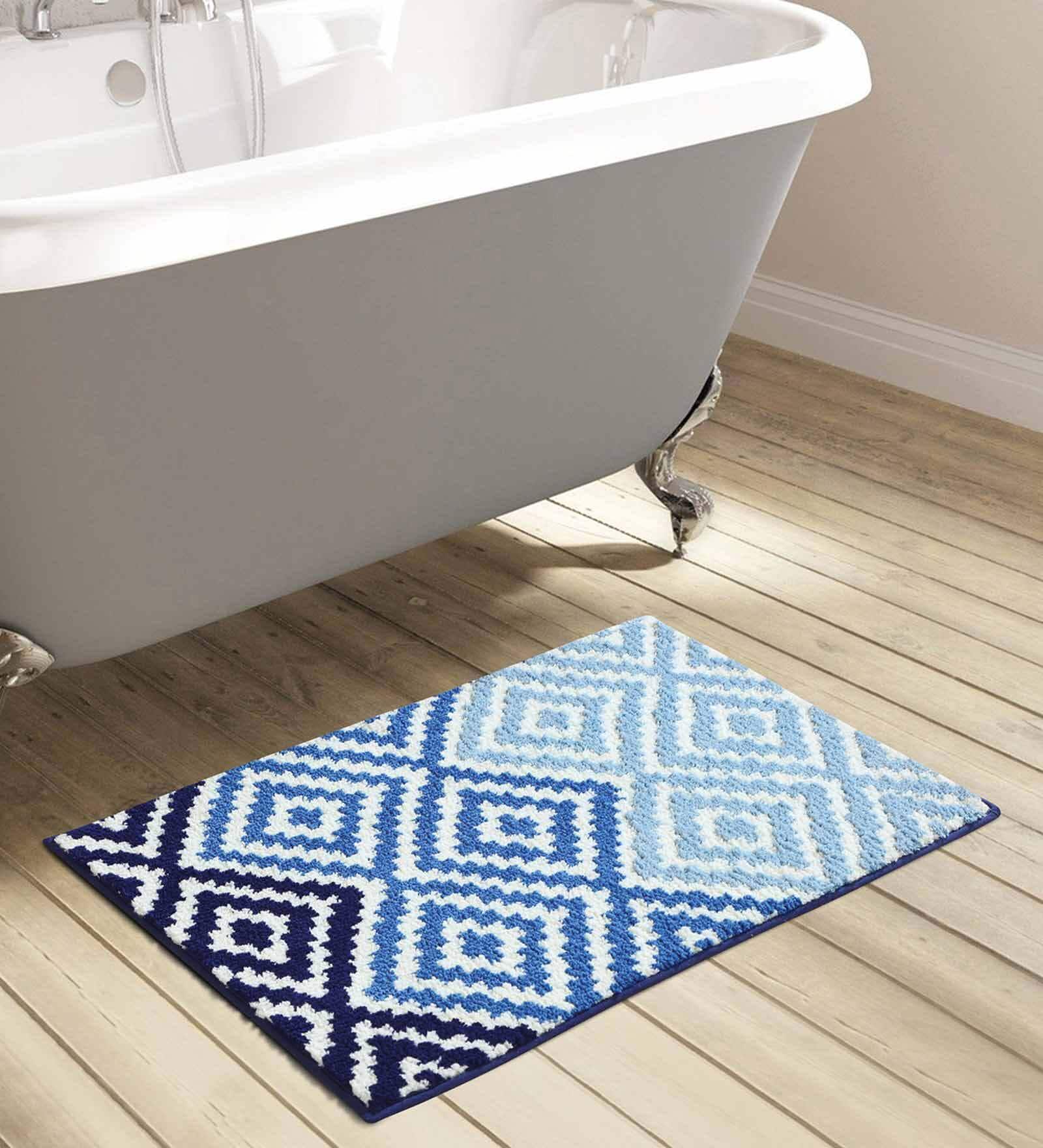 Blue Geometric Polyester AntiSkid Bathmat