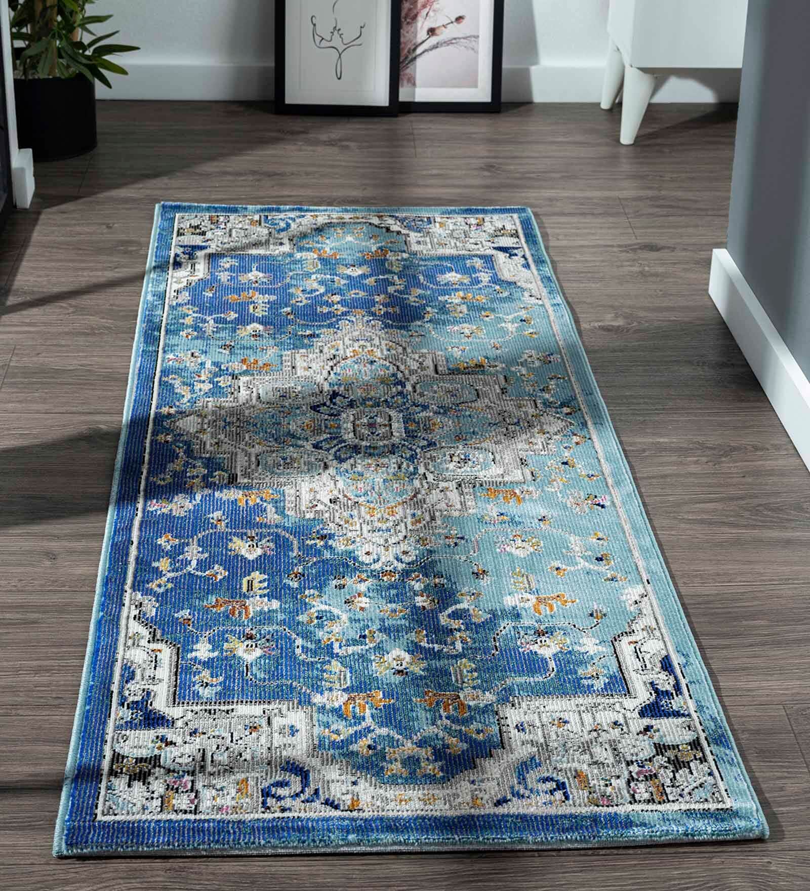 Blue Abstract Polypropylene 59x32 Inches Machine Made Floor Runner