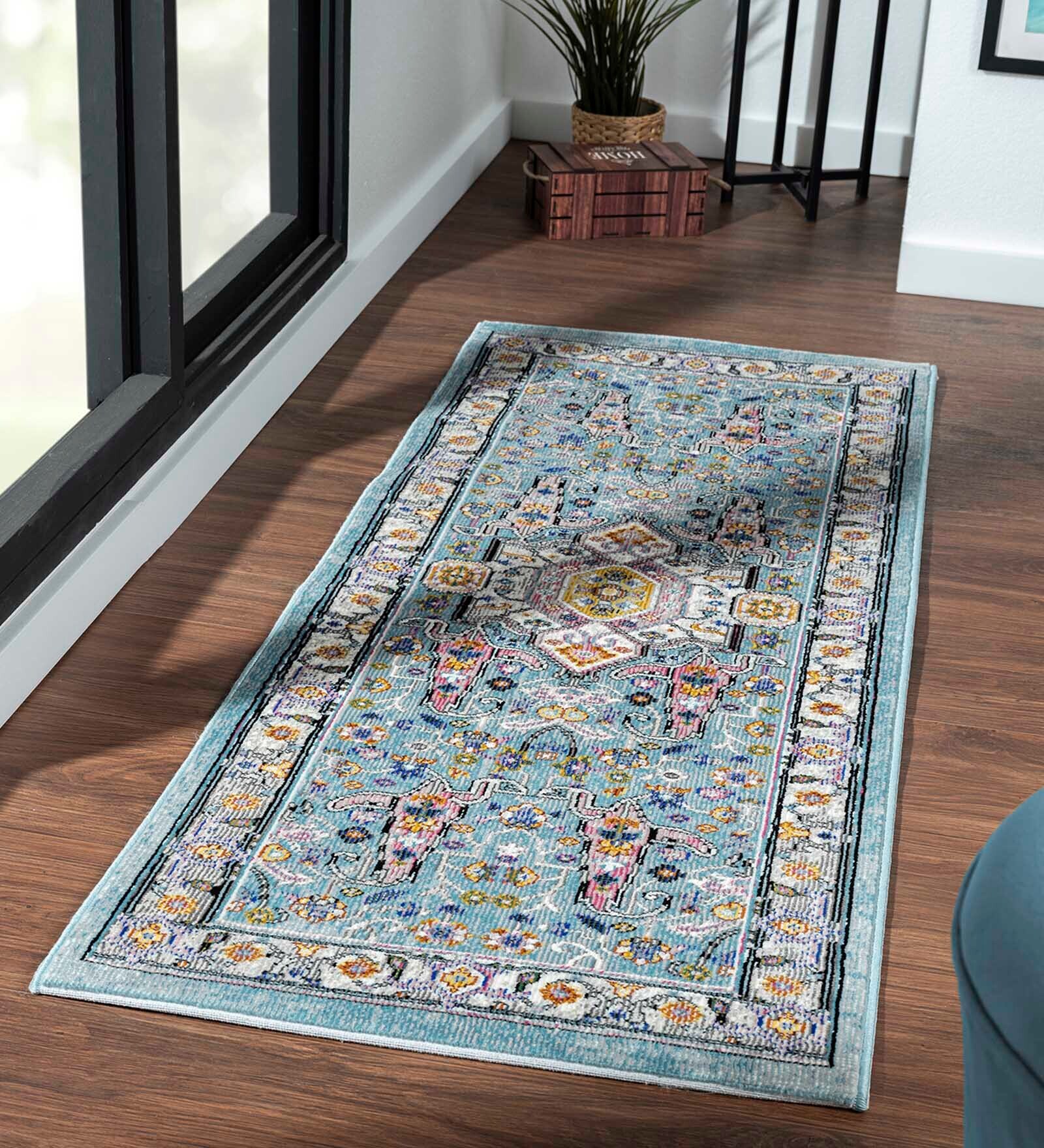 Blue Abstract Polypropylene 59x32 Inches Machine Made Floor Runner