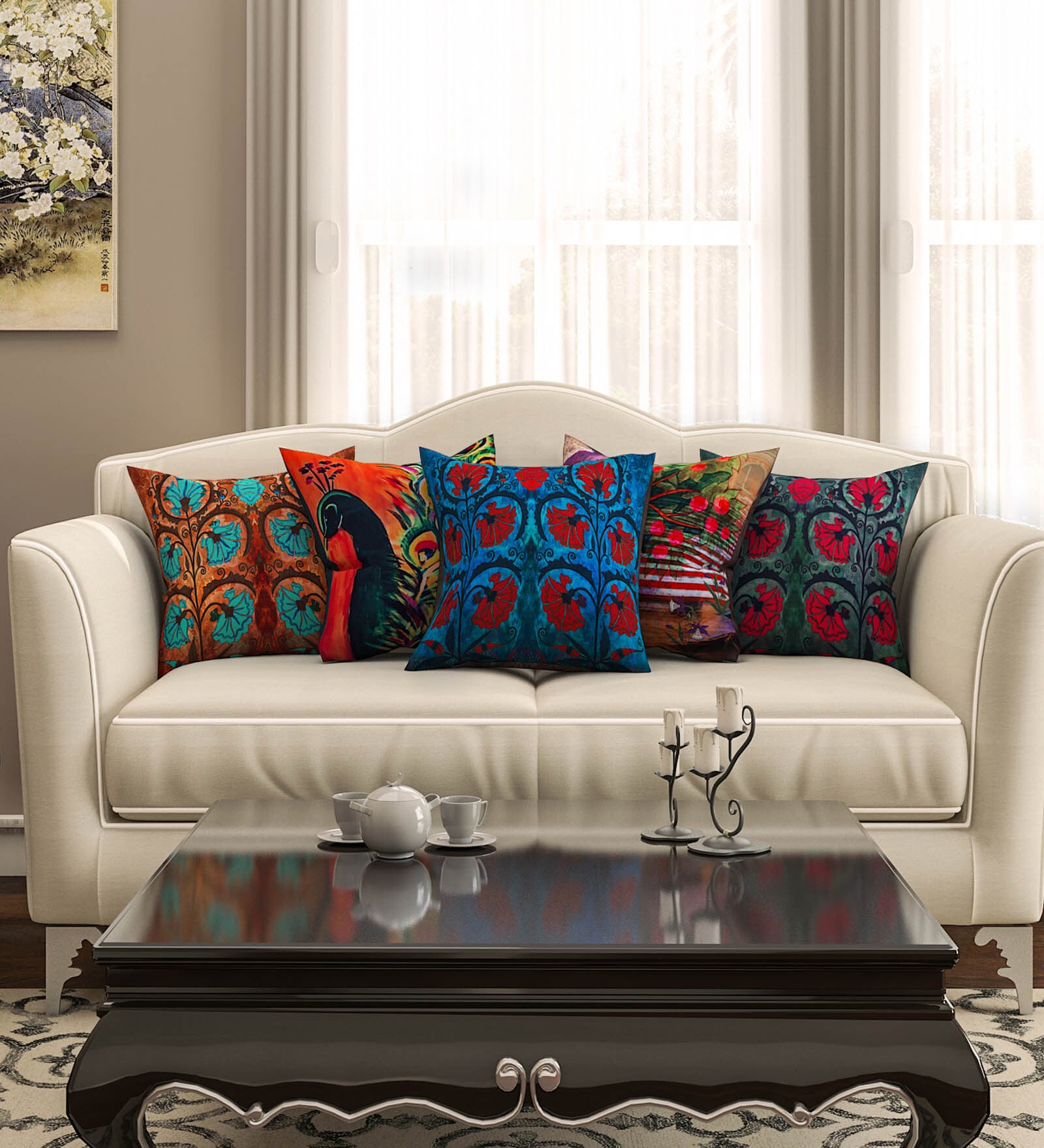 Multicolor Floral PolyCotton 16 x 16 Inches Cushion Covers (Set of 5)