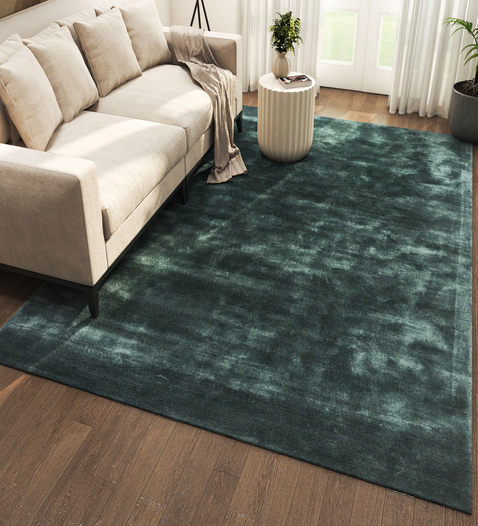 Blue Abstract Viscose 4 ft X 6 ft Hand Tufted Rectangle Carpet