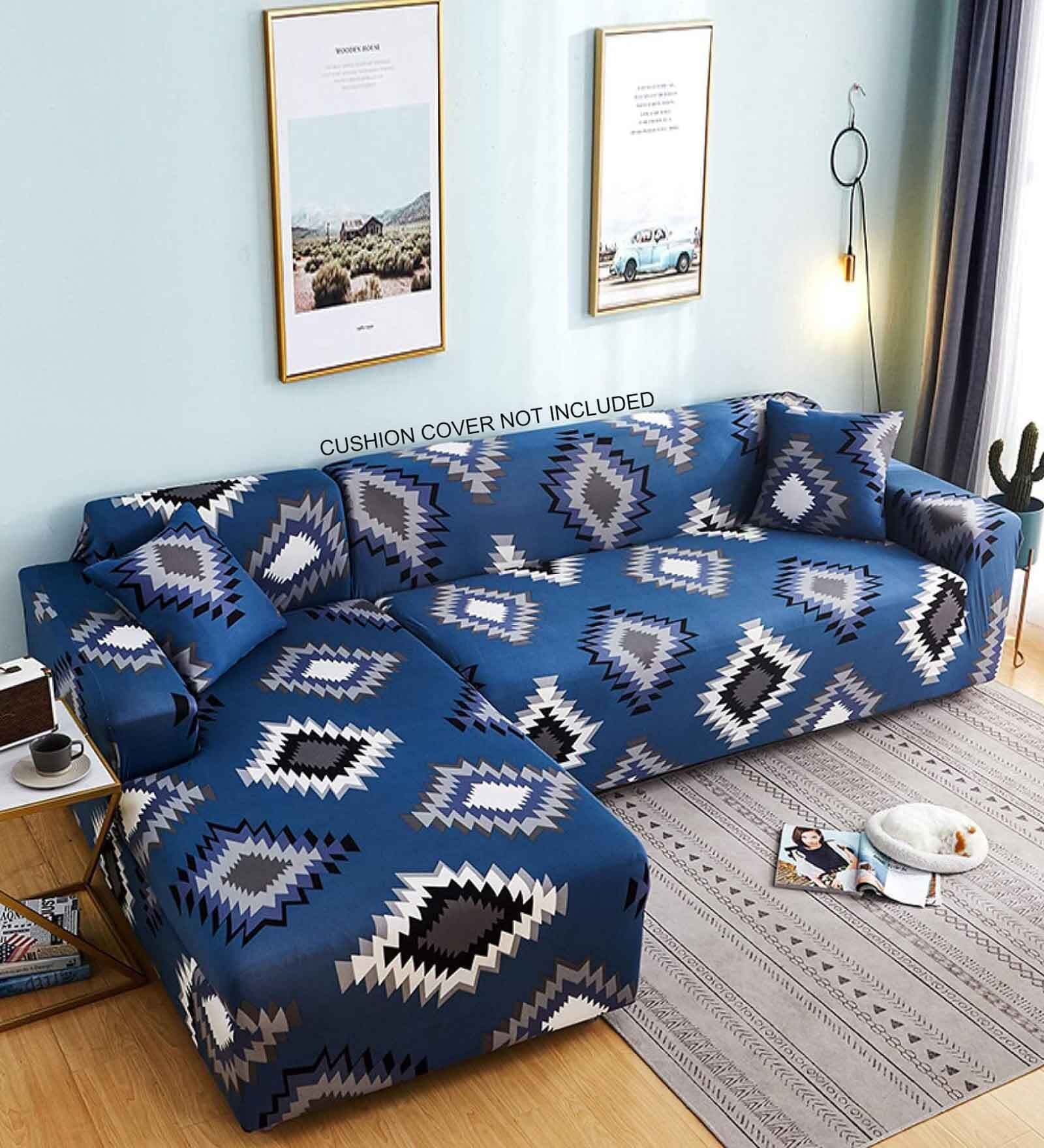 Blue Traditional Viscose and Polyester (3 + Lounge) L-Shaped Stretchable Chaise Sofa Covers