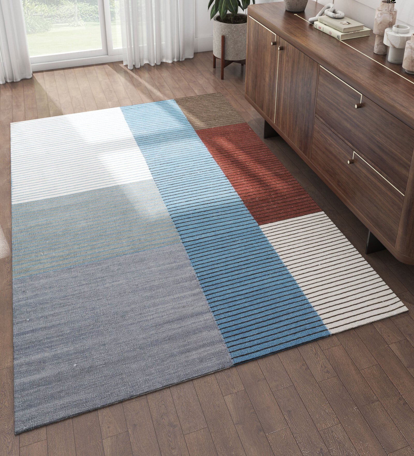 Blue Abstract Wool 5 ft X 8 ft Rectangle Flat Weaves