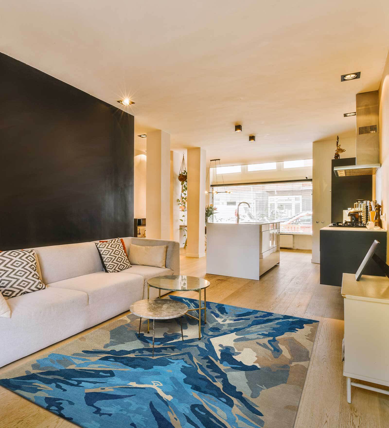 Blue Abstract Wool and Cotton 4 ft x 6 ft Hand tufted Carpet