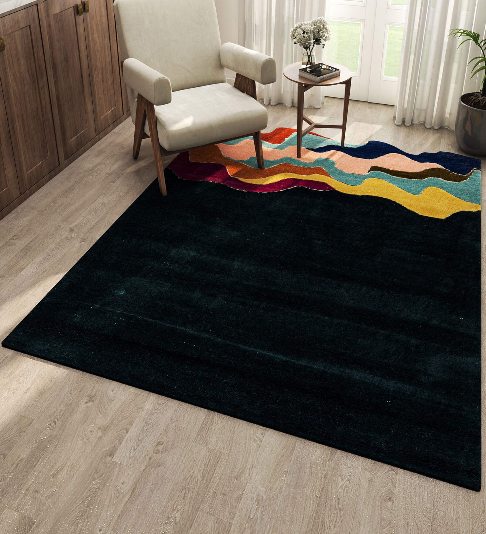 Blue Abstract Wool and Viscose 4'4 ft X 6 ft Hand Tufted Irregular Carpet