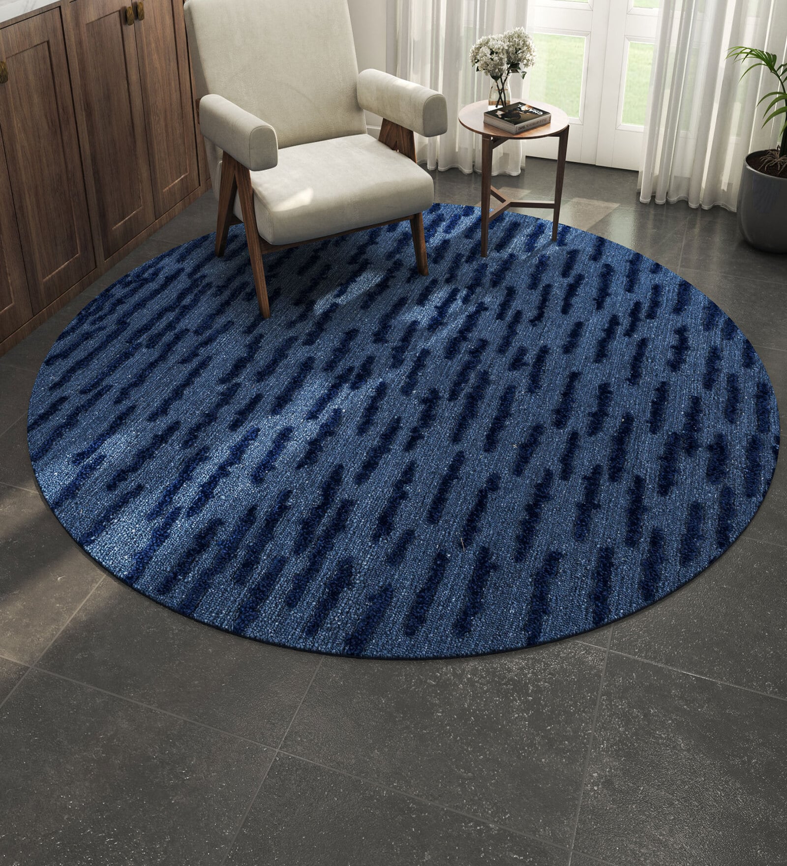 Blue Abstract Wool and Viscose 5 ft X 5 ft Hand Tufted Round Carpet