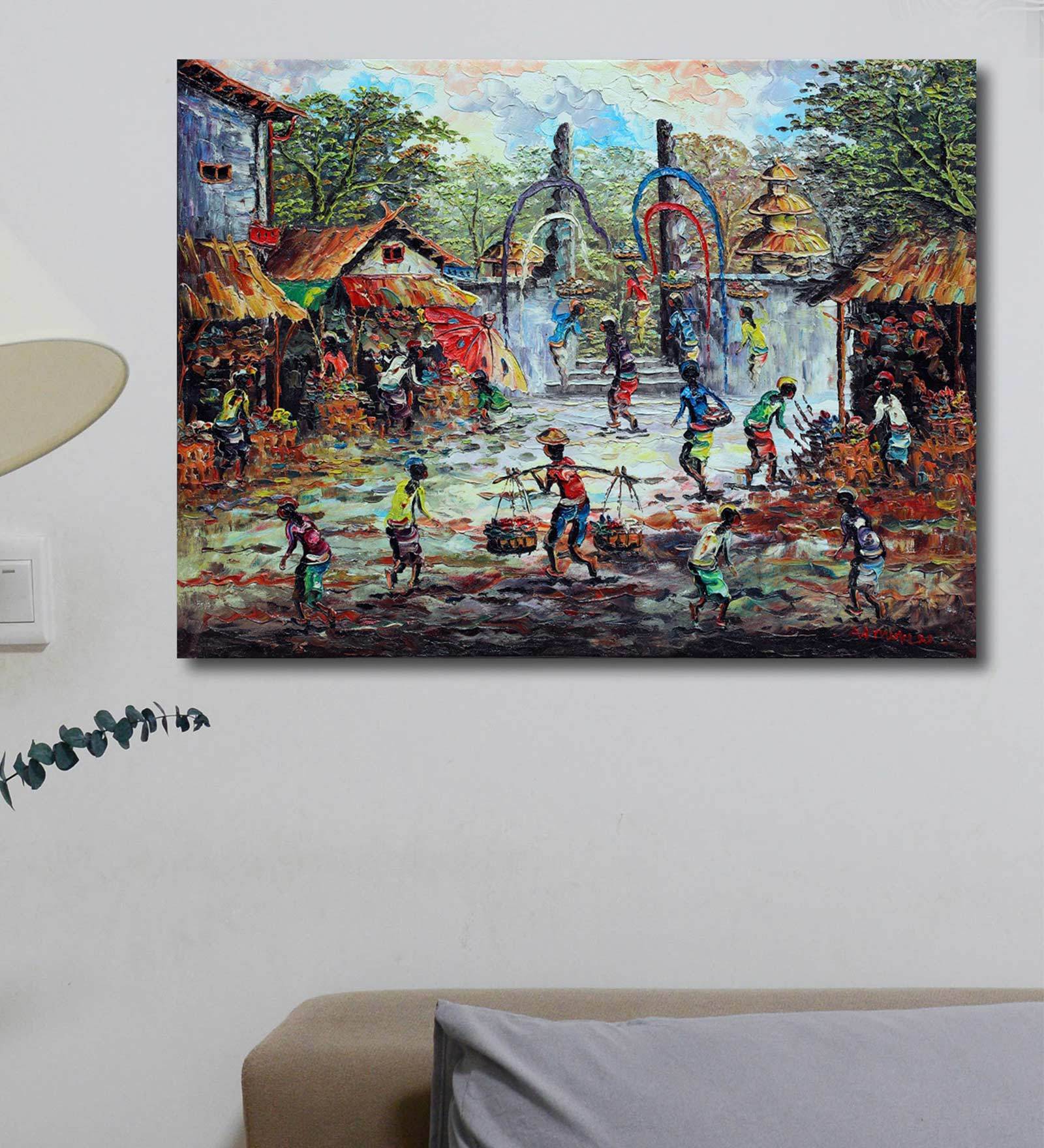 Blue Acrylic Canvas A Simple Village Market Unframed Original Painting