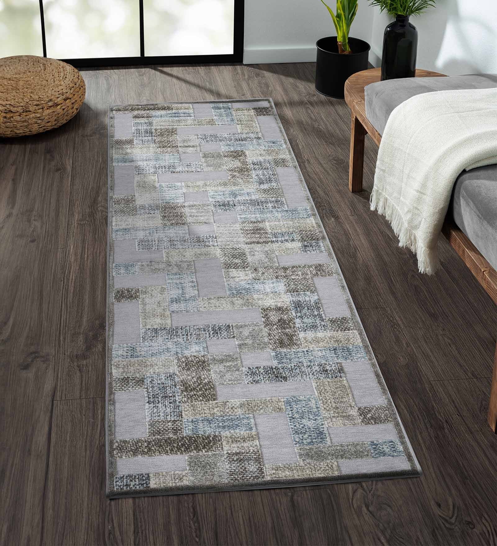 Blue and Brown Geometric 2x7 Feet Machine Made Runner