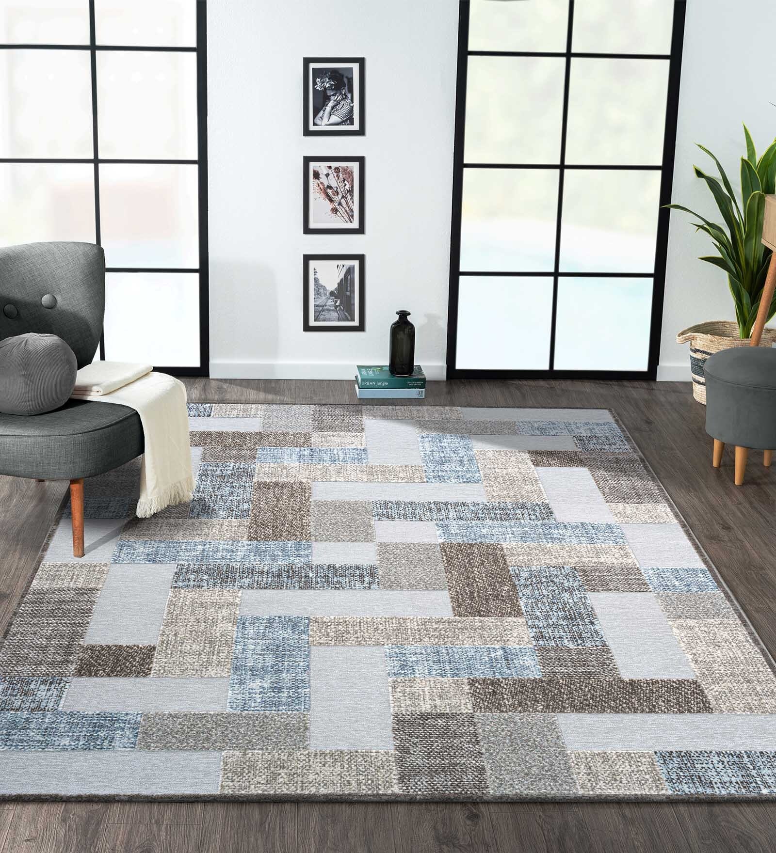 Blue and Brown Geometric 4x6 Feet Machine Made Carpet
