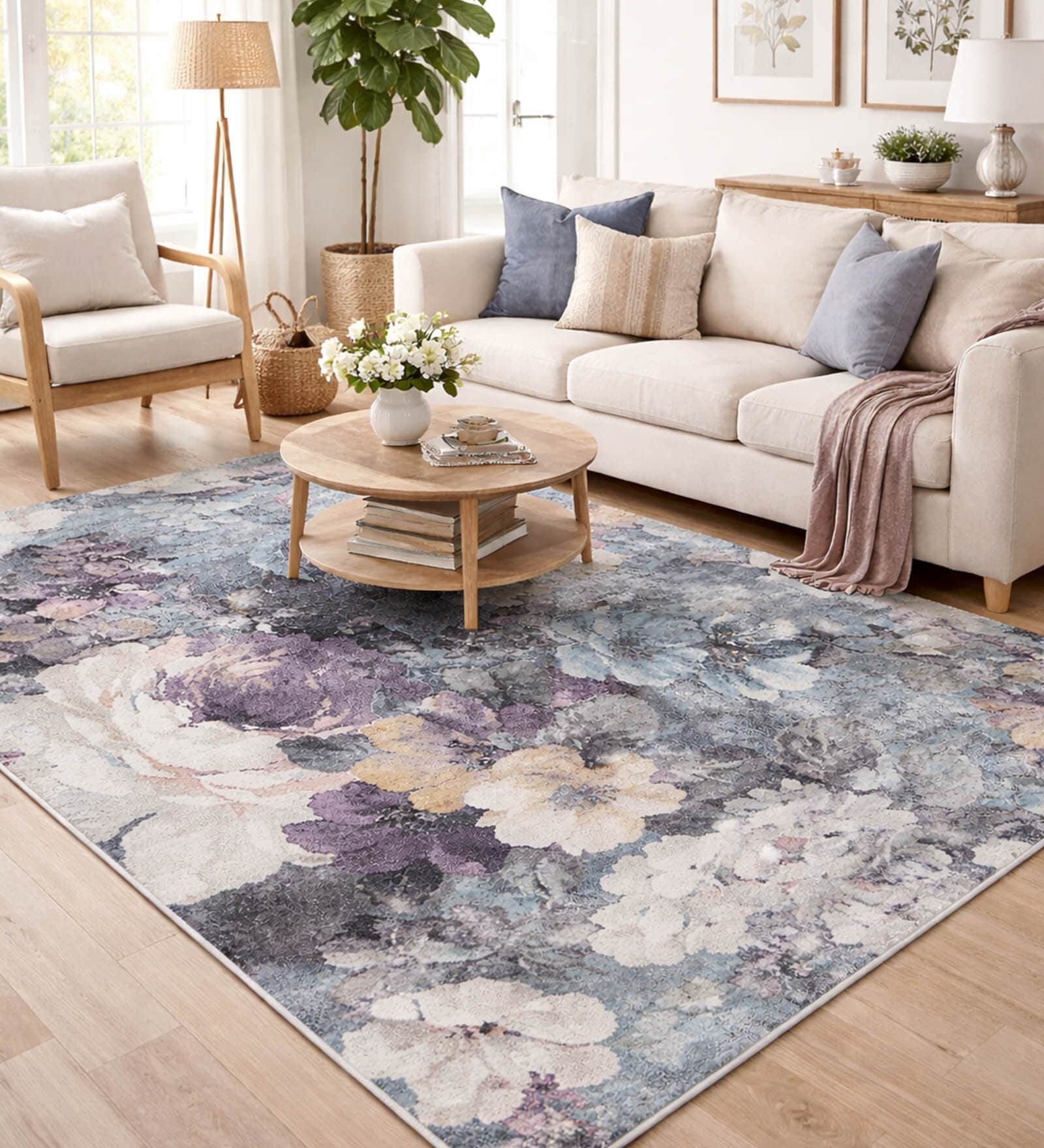 Blue and Grey Floral Polypropylene 11 ft x 8 ft Machine Made Carpet
