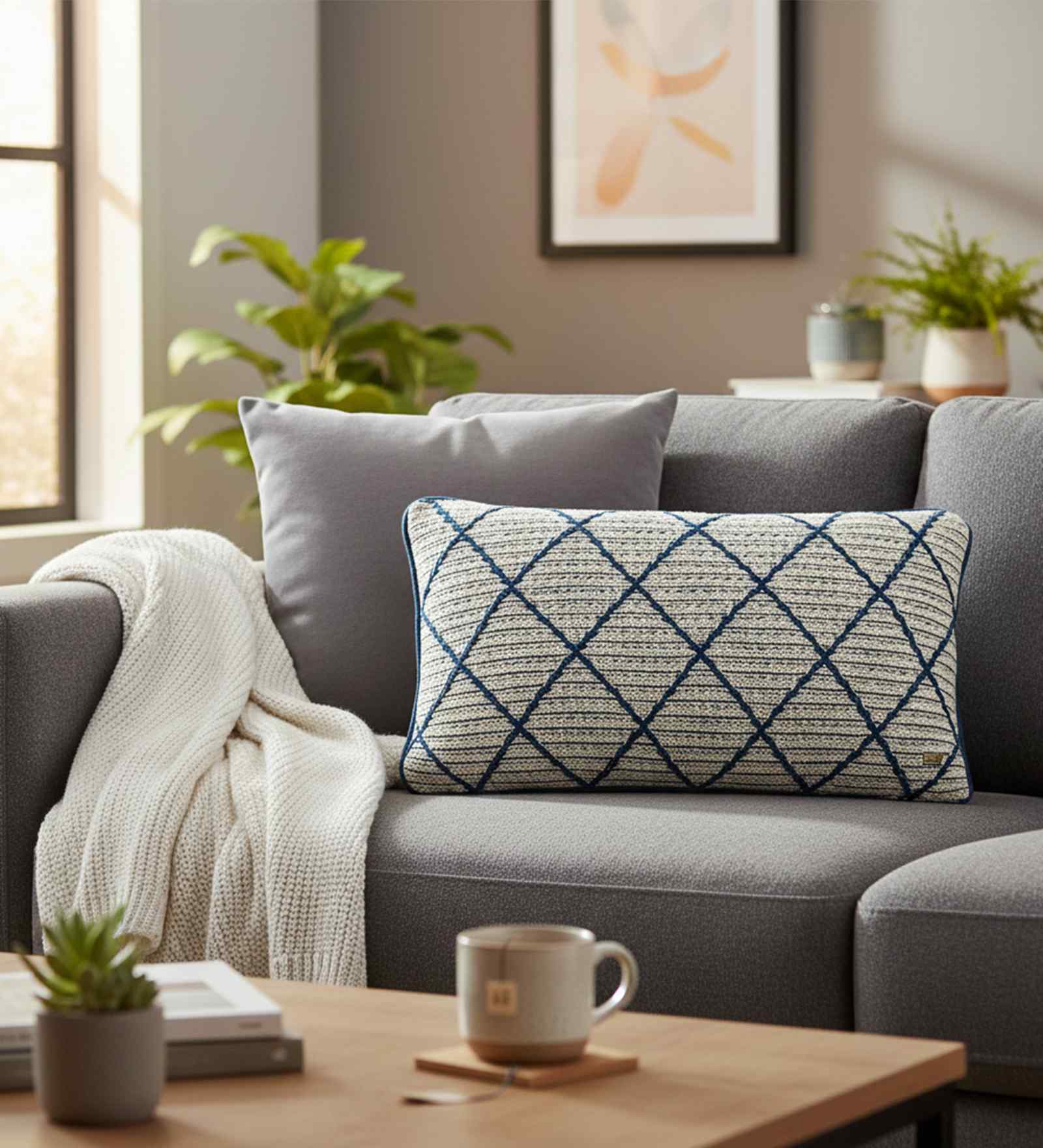 Blue And Natural 100% Cotton Arabella 12X20 Inches Knitted Cushion Cover