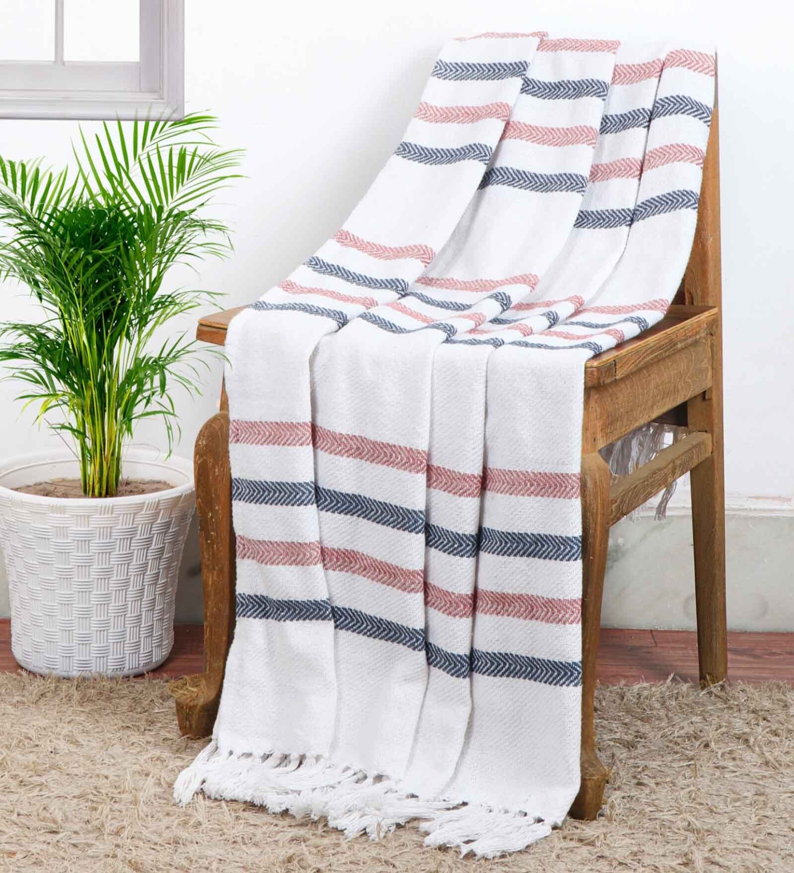 Blue And Peach Cotton And Chenille Stripped 49X60 Inches Throw