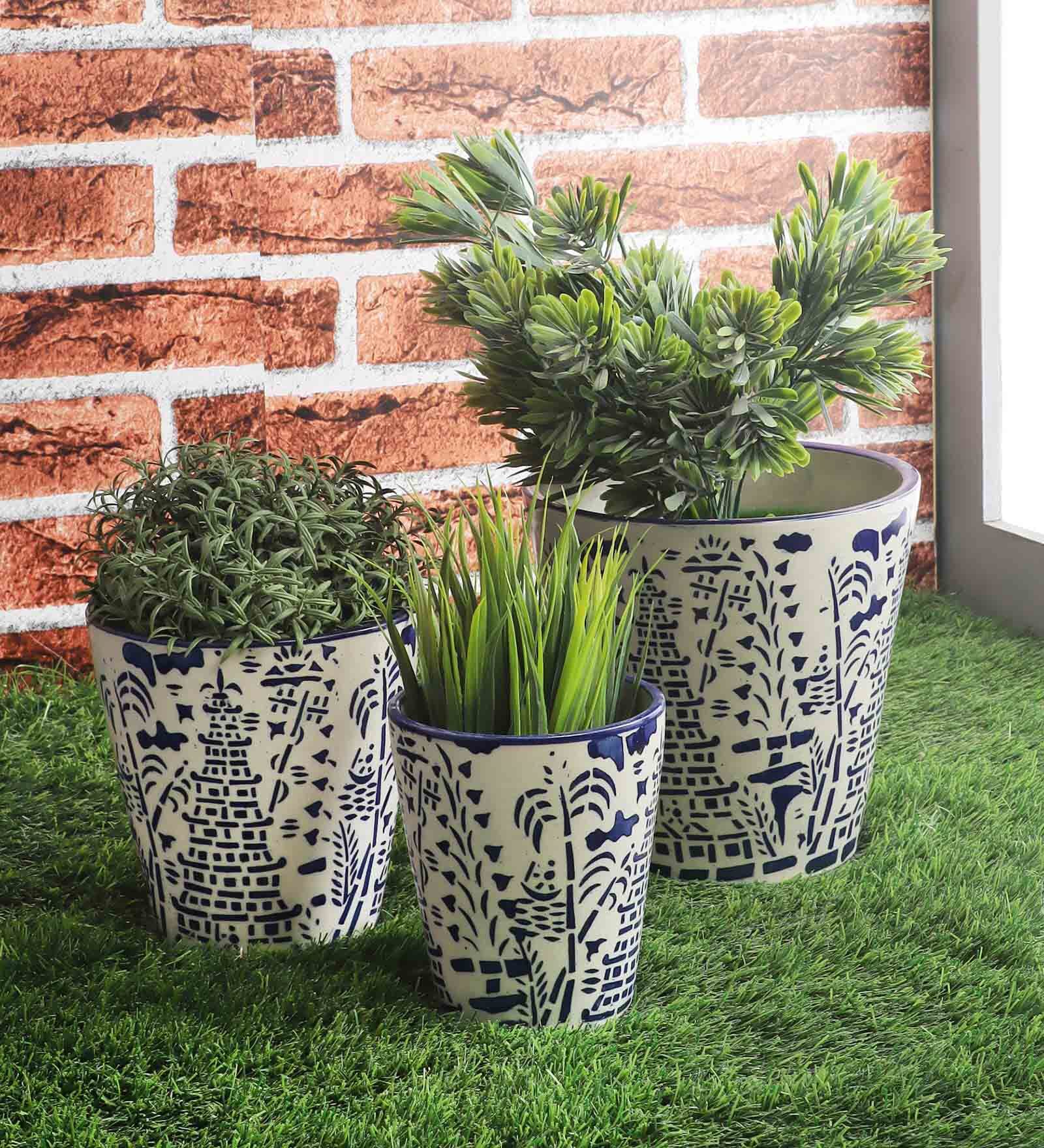 Blue And White Ceramic Hand Patterned Planter, Set of 3