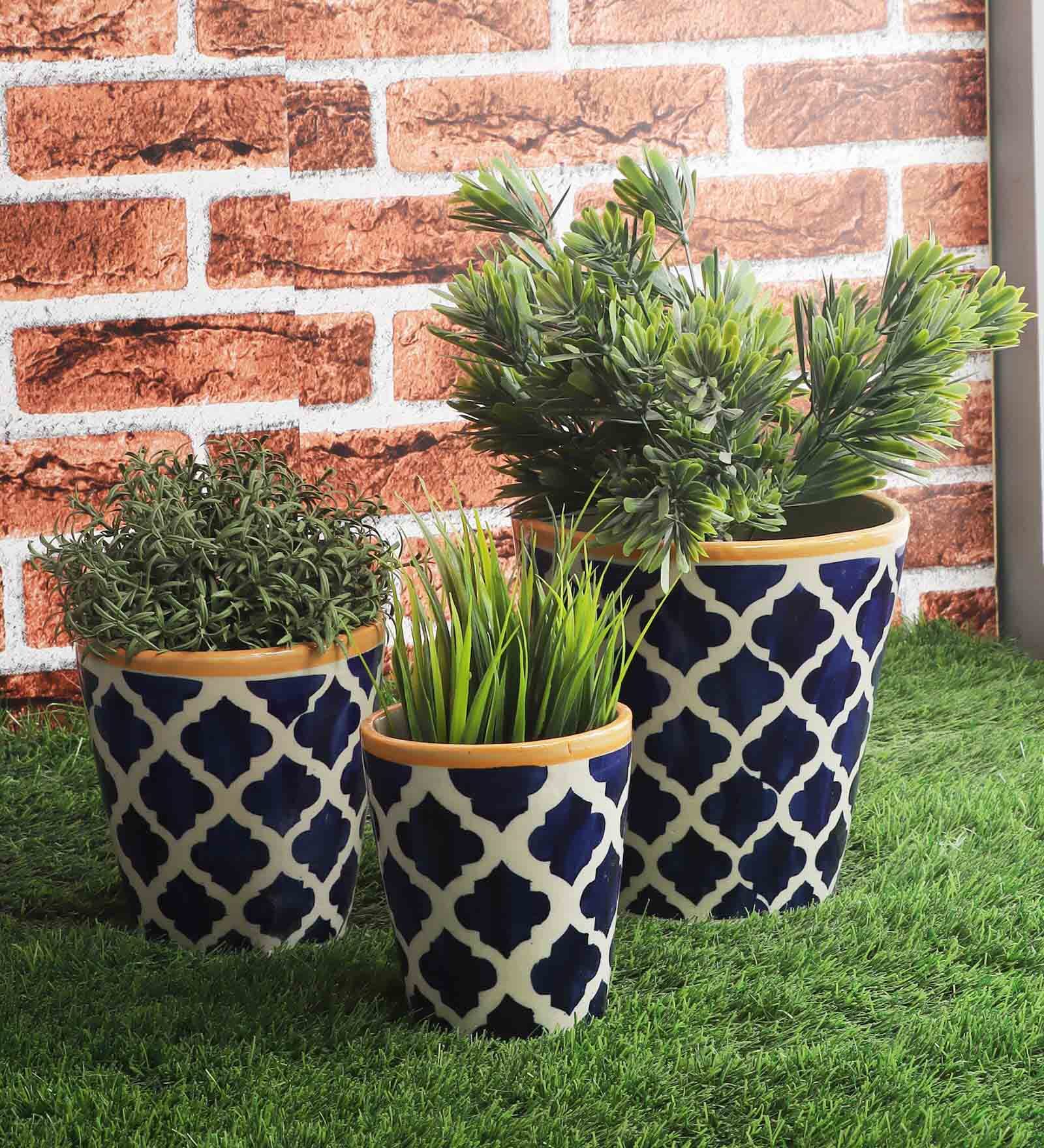 Buy Blue And White Ceramic Patterned Planter, Set of 3 by The Decor ...