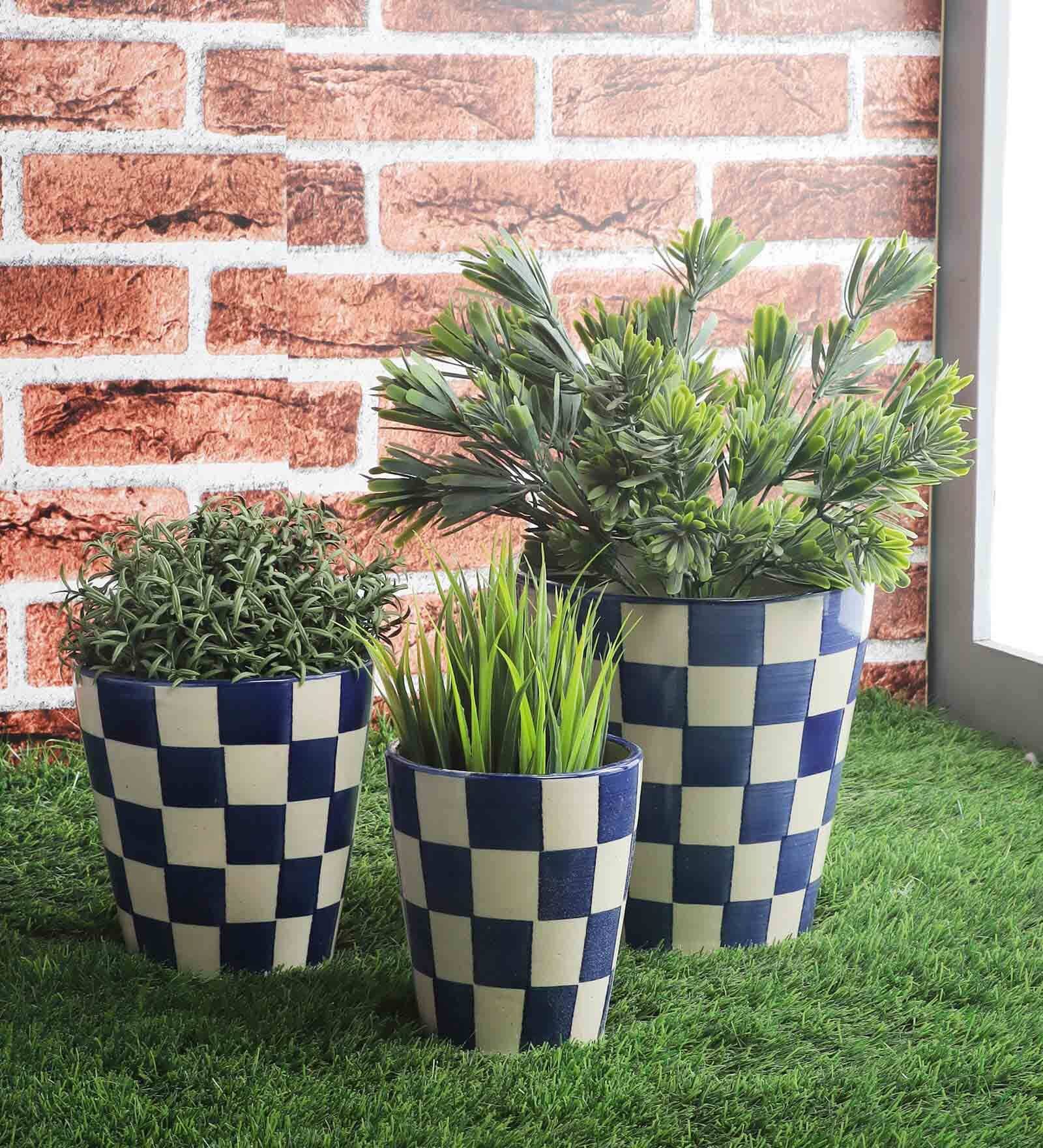 Buy Blue And White Ceramic Squared Design Planter, Set Of 3 at 64% OFF ...