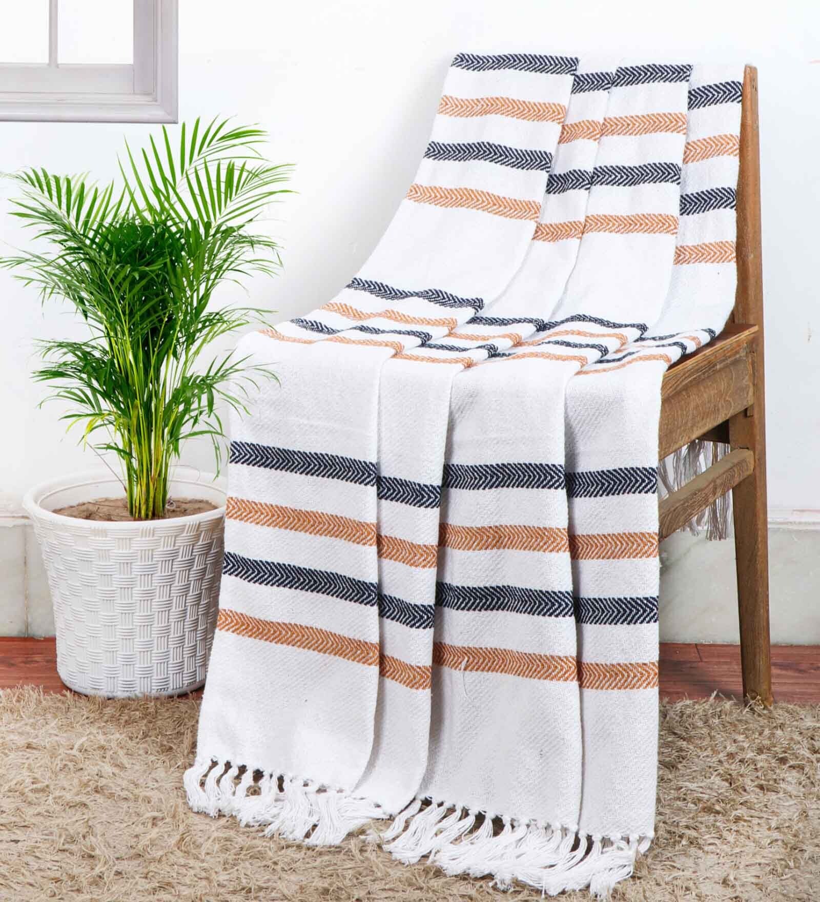 Blue And Yellow Cotton And Chenille Stripped 49X60 Inches Throw
