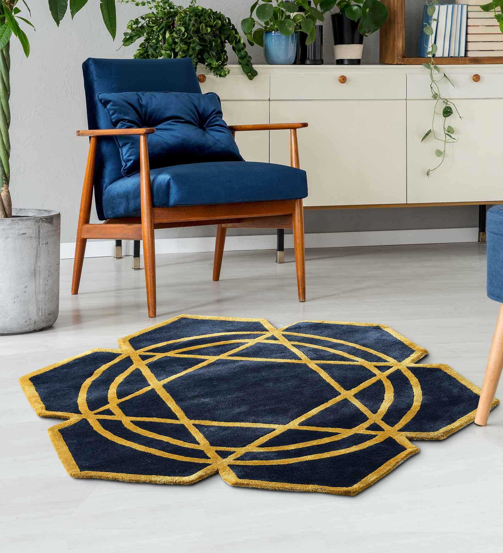 Buy Blue Art Silk Geometric 5 x 5 Feet Hand Tufted Carpet