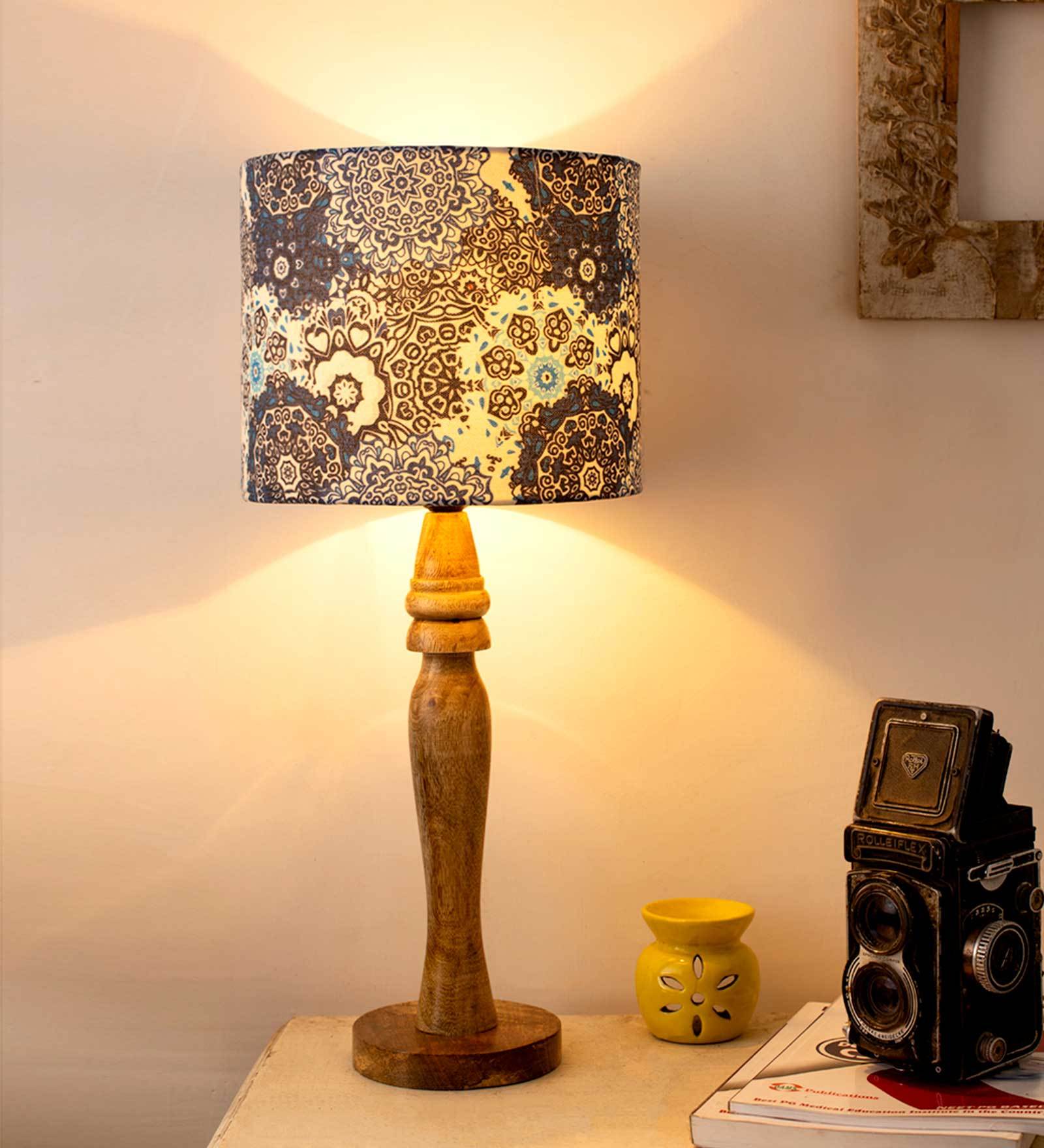 Blue Batik Print Multicolor Canvas Shade Table Lamp with Brown Base