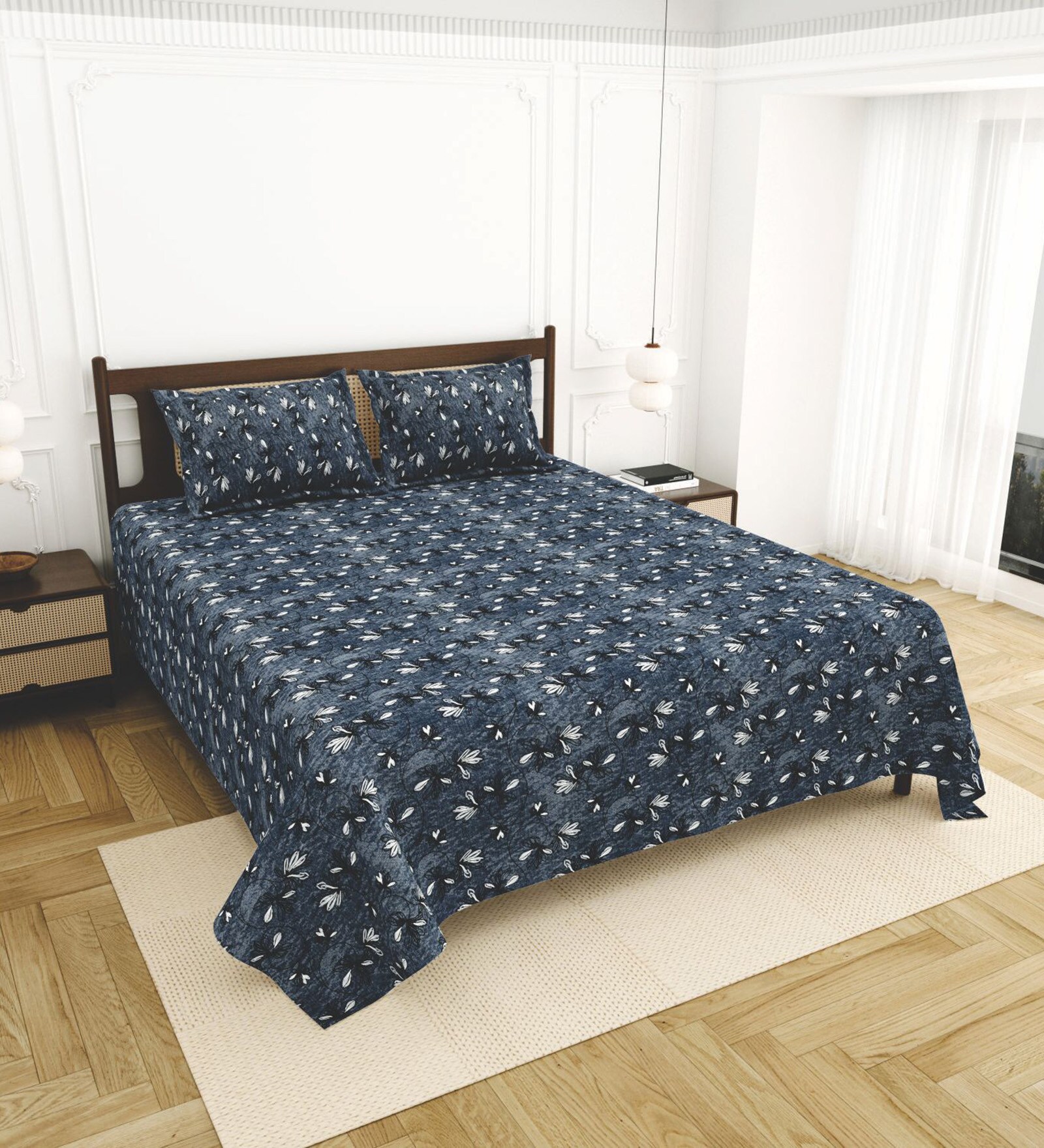 Blue Bedsheet 220 Tc Cotton King Bedsheet With 2 Pillow Covers