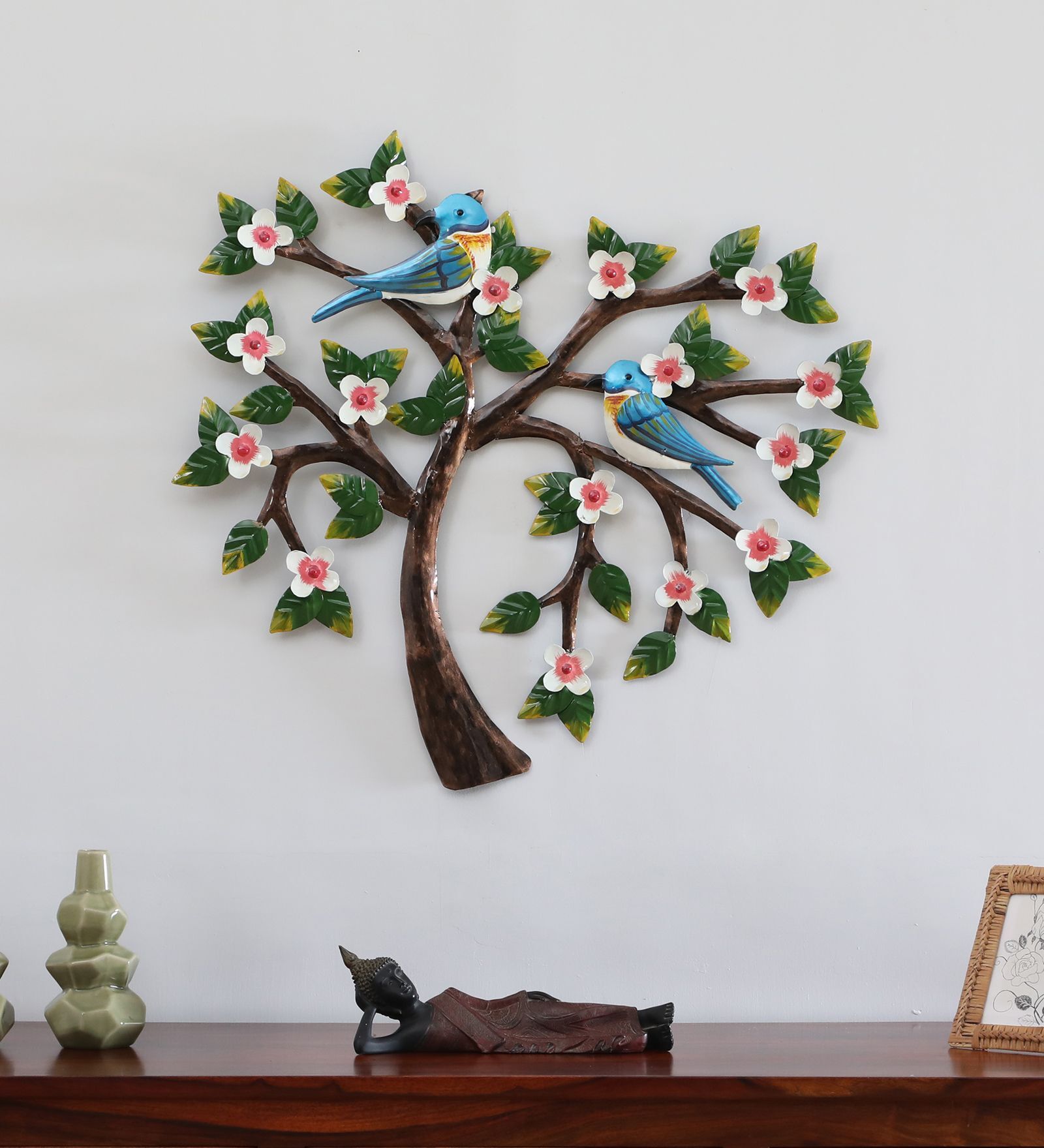Blue Bird Heart Tree Multicolour Handmade Metal Wall Art