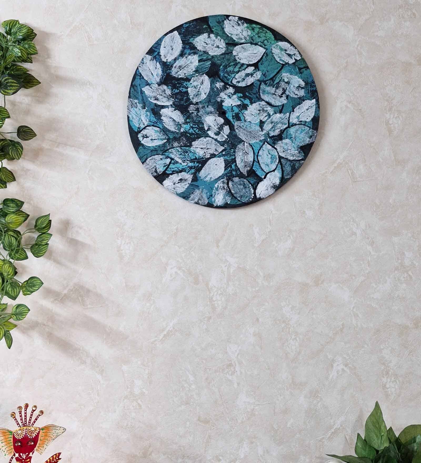 Blue Black Engineered Wood 15 Inch Wall Art with leaf pattern
