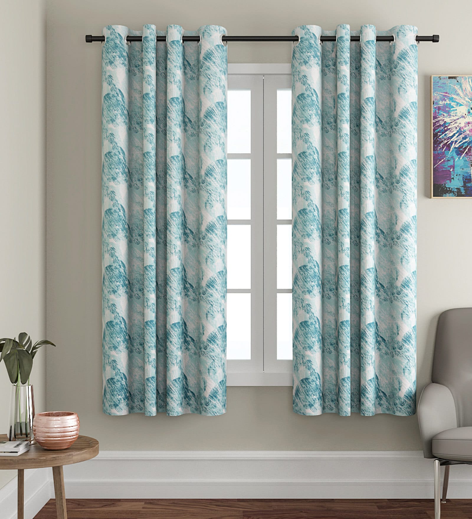 Green Abstract Cotton 5 Ft Light Filtering Eyelet Window Curtain
