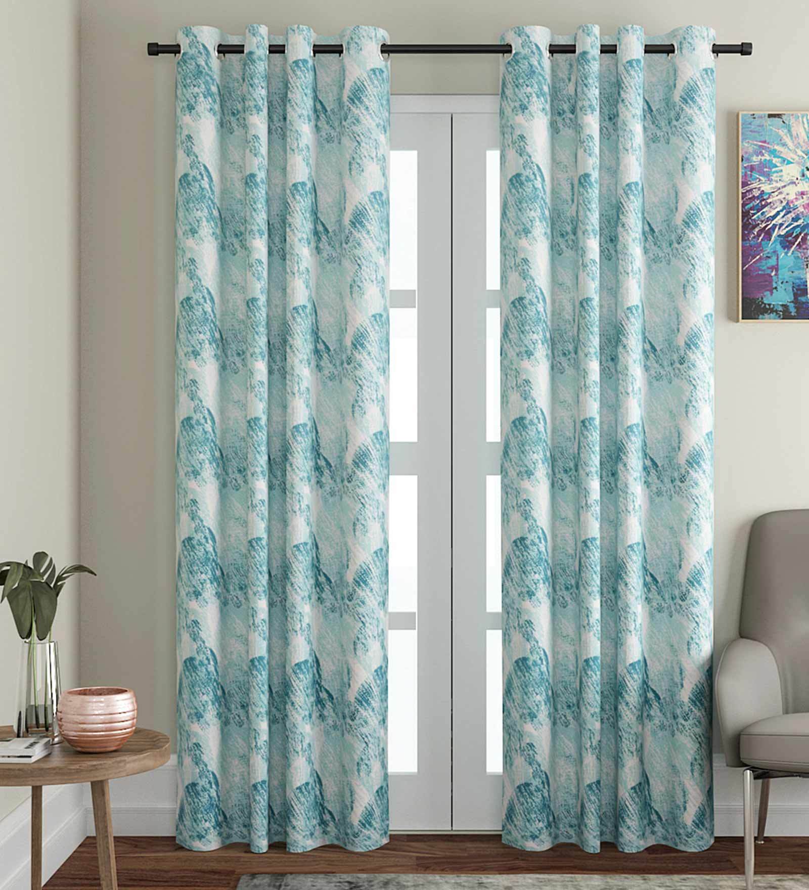 Blue Abstract Cotton 7 Ft Light Filtering Eyelet Door Curtain