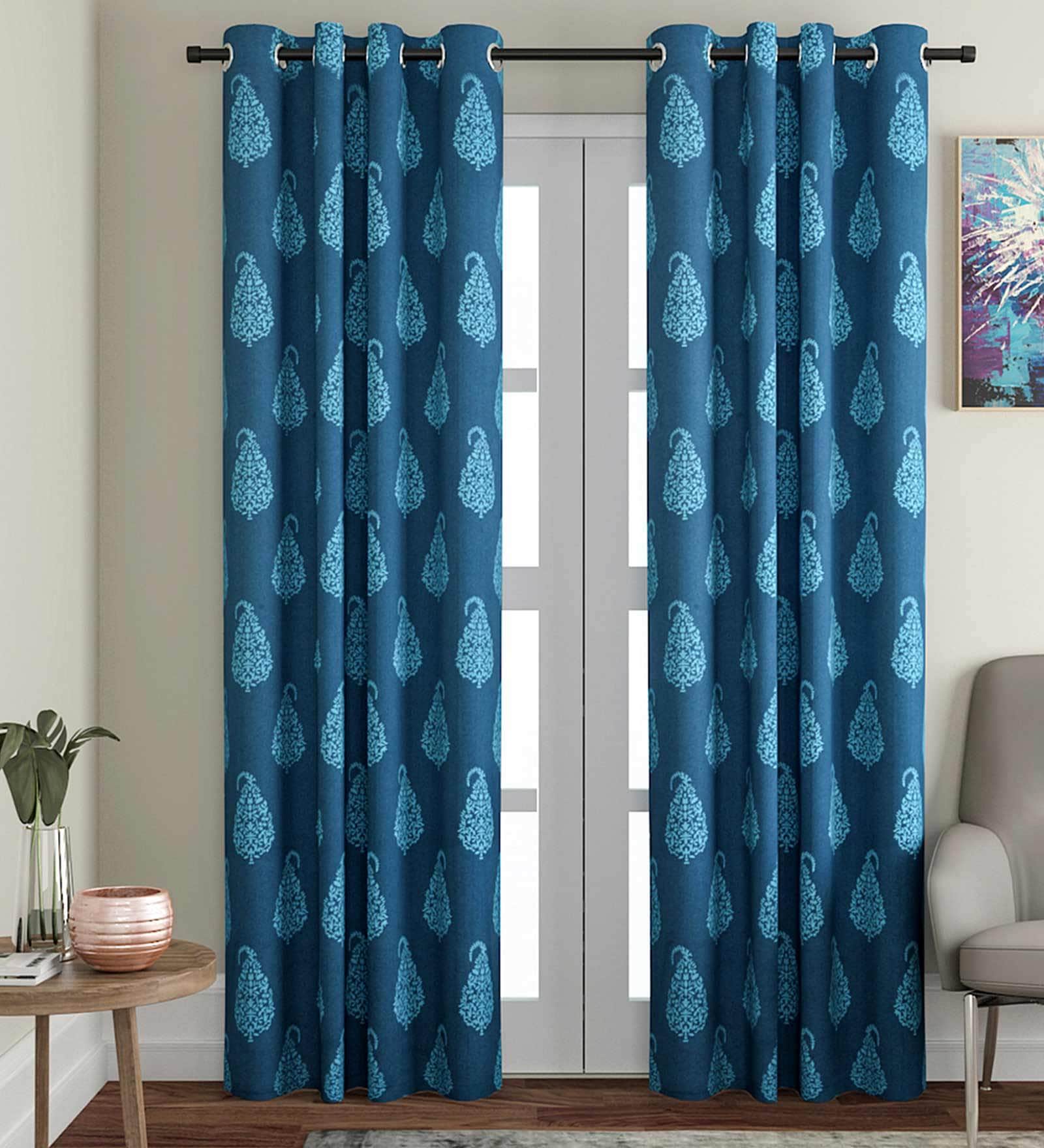 Blue Traditional Cotton 9 Ft Light Filtering Eyelet Door Curtain