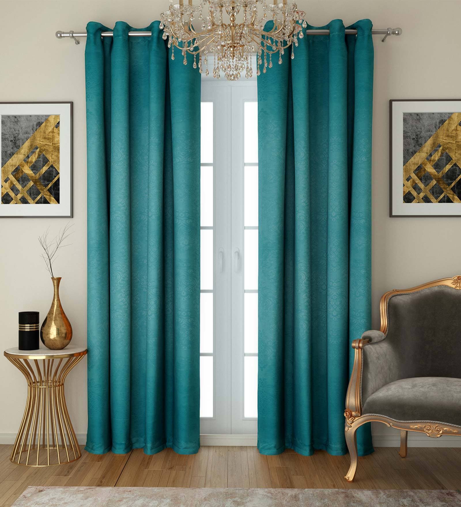 Blue Faux Silk Blackout 9 Feet Eyelet Curtain (Set of 2)