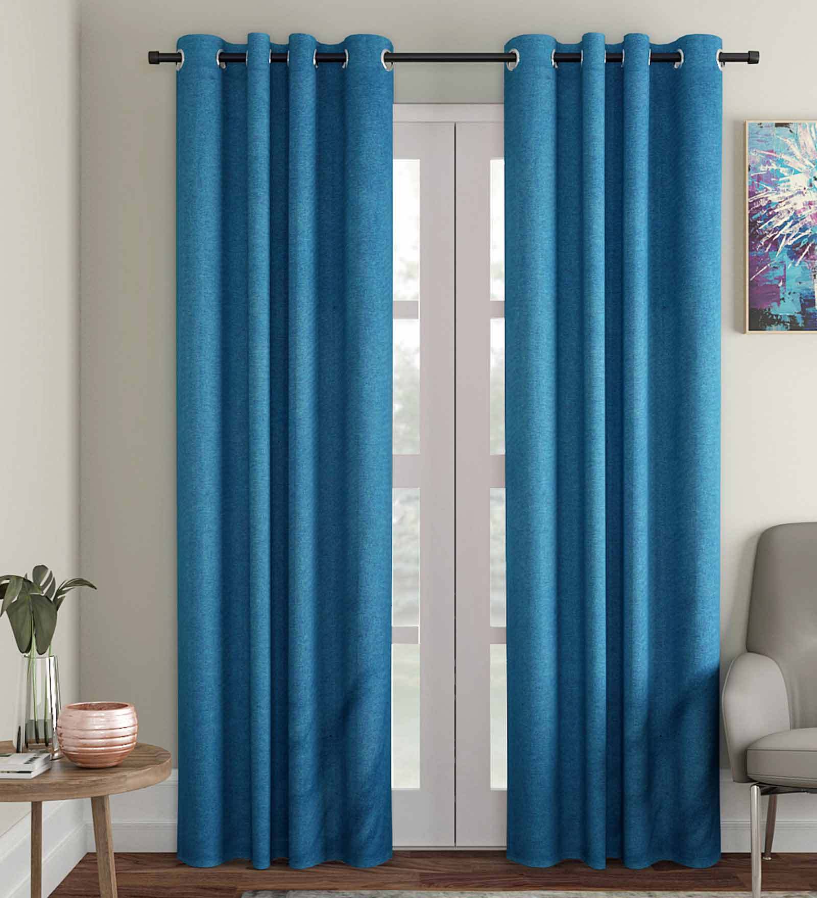 Blue Solid Jute 7 Ft Light Filtering Eyelet Door Curtain