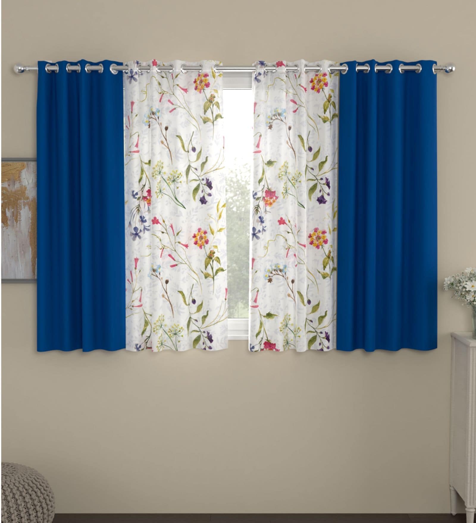 Blue Floral Polyester 5 Ft Blackout Eyelet Window Curtains (Set of 4)