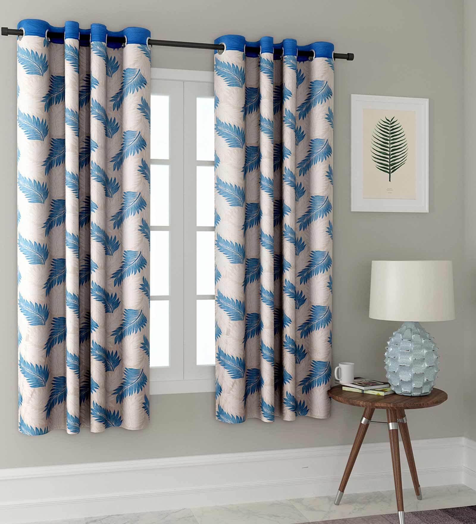 Blue Floral Polyester 5 Ft Semisheer Eyelet Window Curtains (Set of 2)