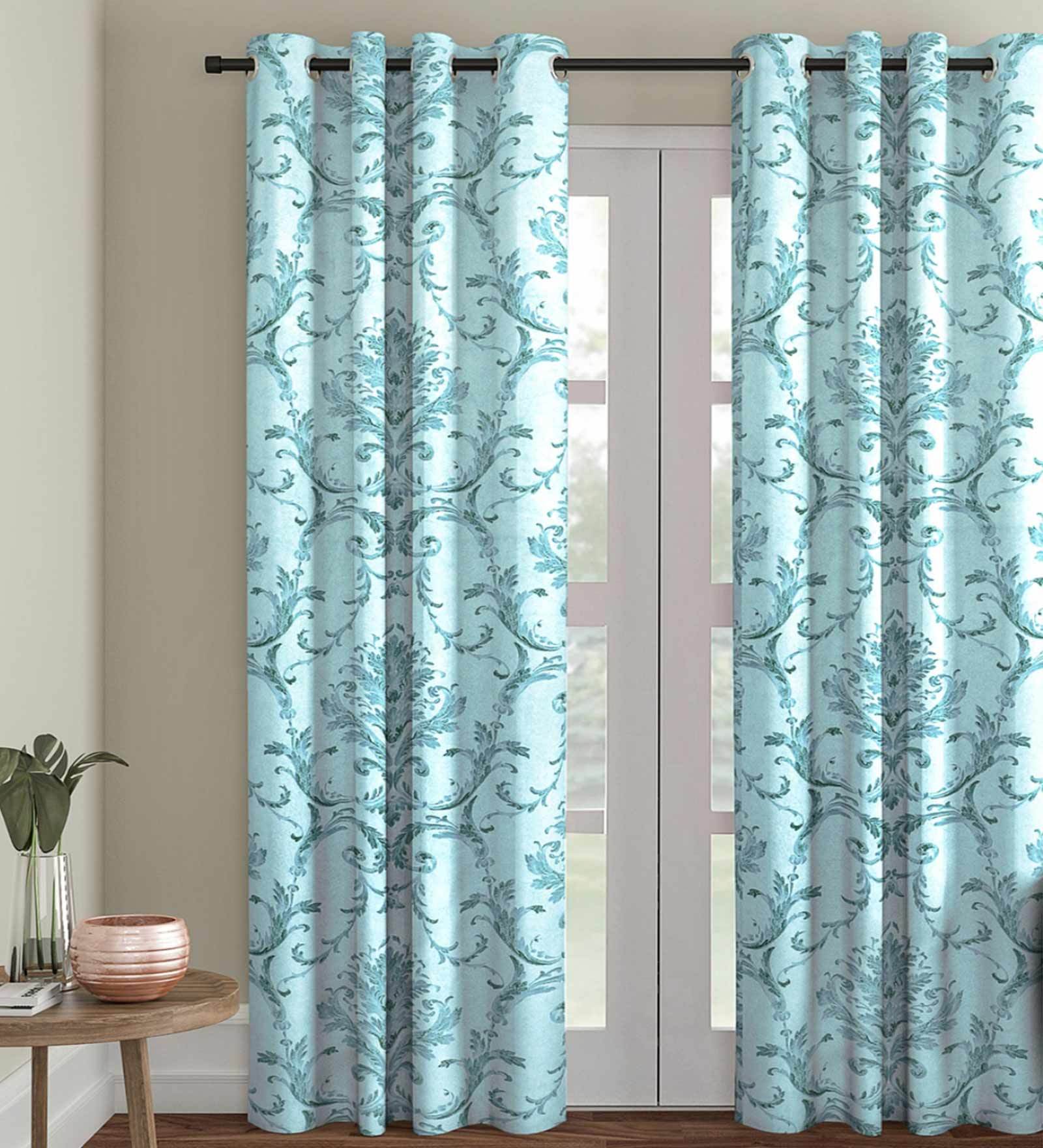Blue Polyester Velvet Ethnic Motif 7FT Light Filtering Eyelet Door Curtains (Pack of 1)