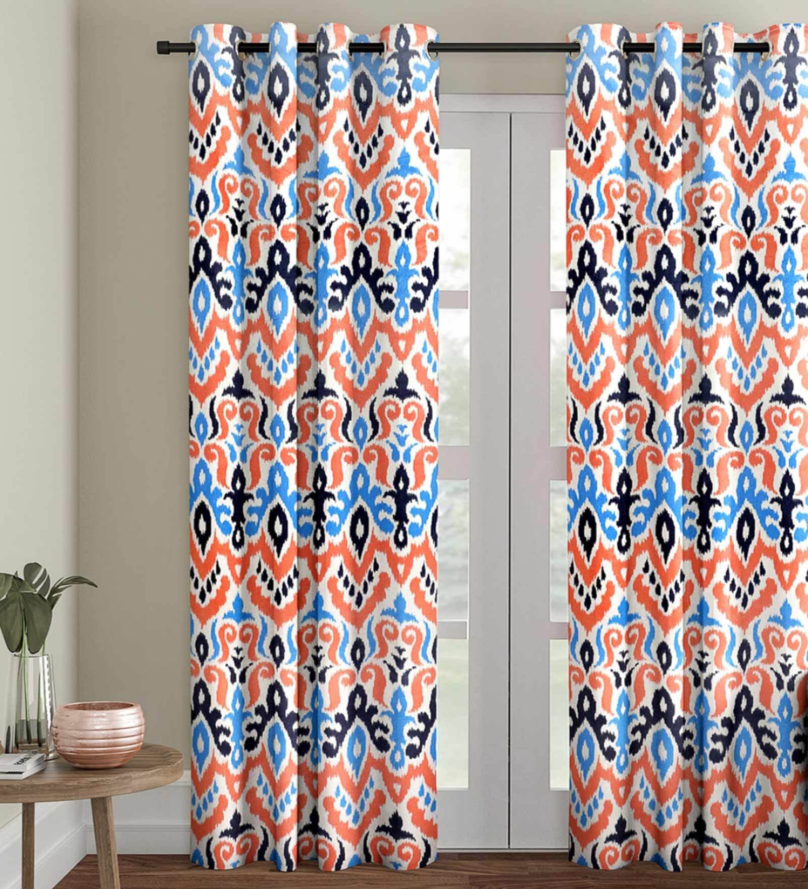 Cream Polyester Velvet Ethnic Motif 7FT Light Filtering Eyelet Door Curtains (Pack of 1)