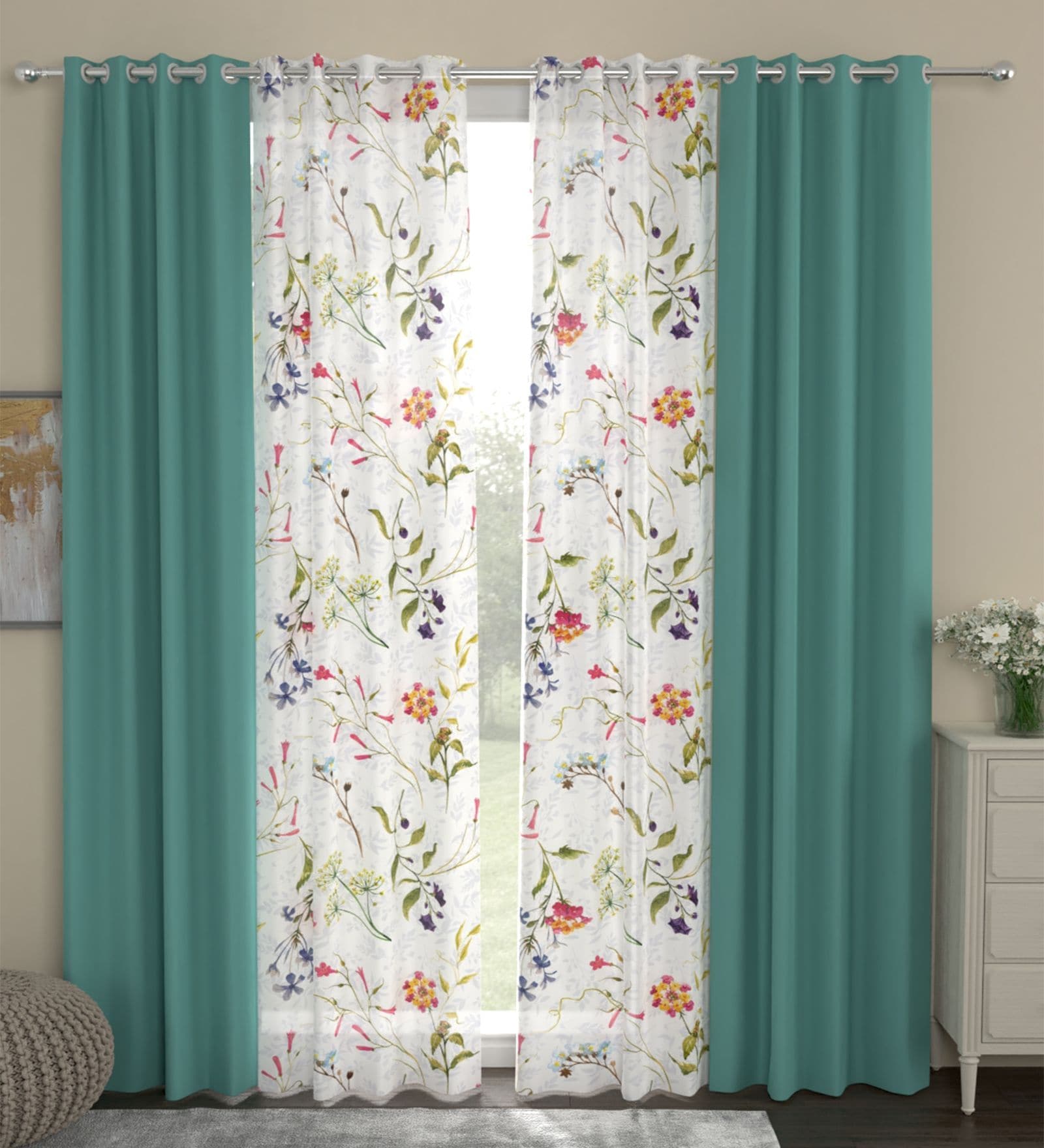 Blue Floral Polyester 7 Ft Blackout Eyelet Door Curtains (Set of 4)