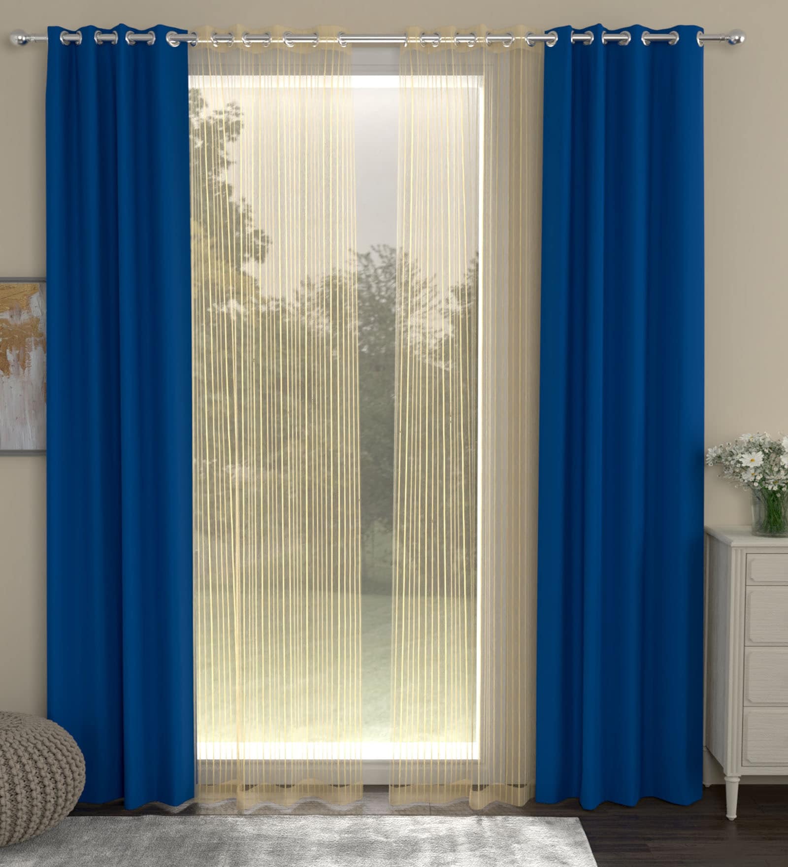 Blue Solid Polyester 7 Ft Blackout Eyelet Door Curtains (Set of 4)