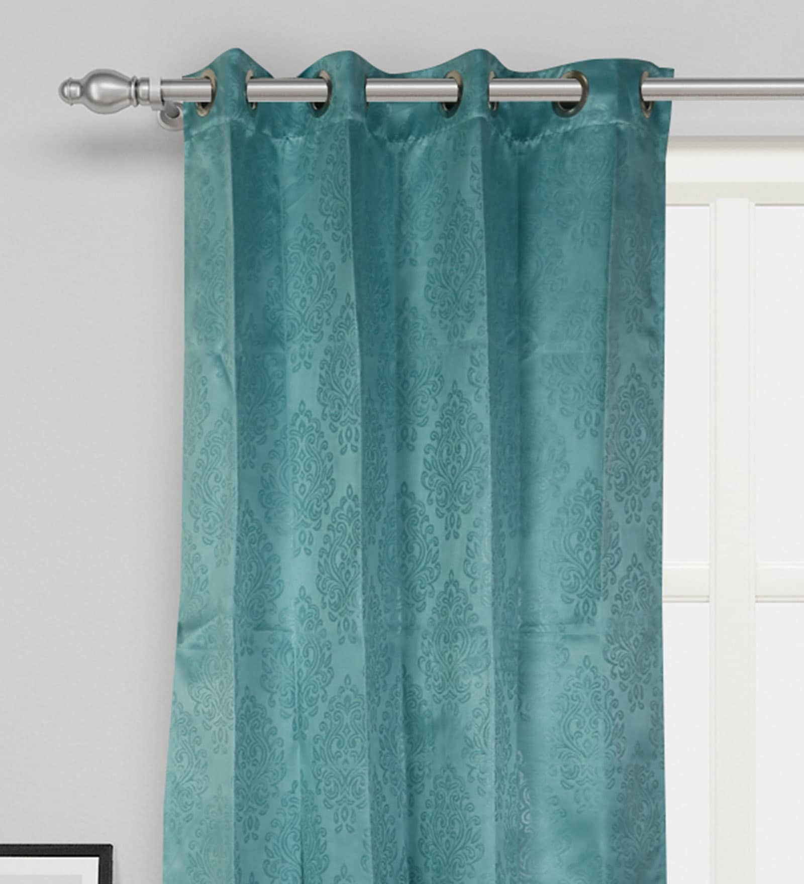Blue Traditional Silk 5 Ft Blackout Eyelet Window Curtain