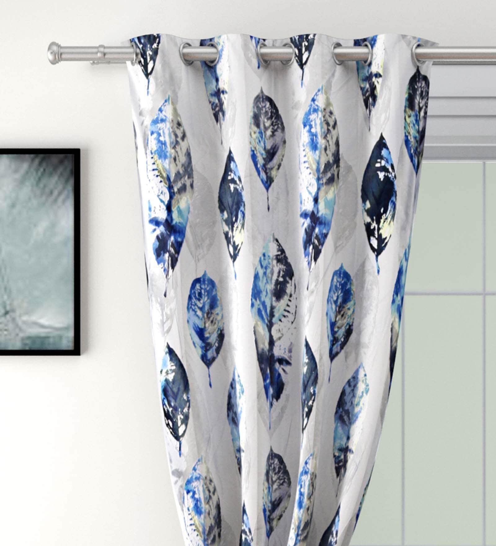 White Faux Silk Floral 5ft Blackout Eyelet 2 Pcs Window Curtains