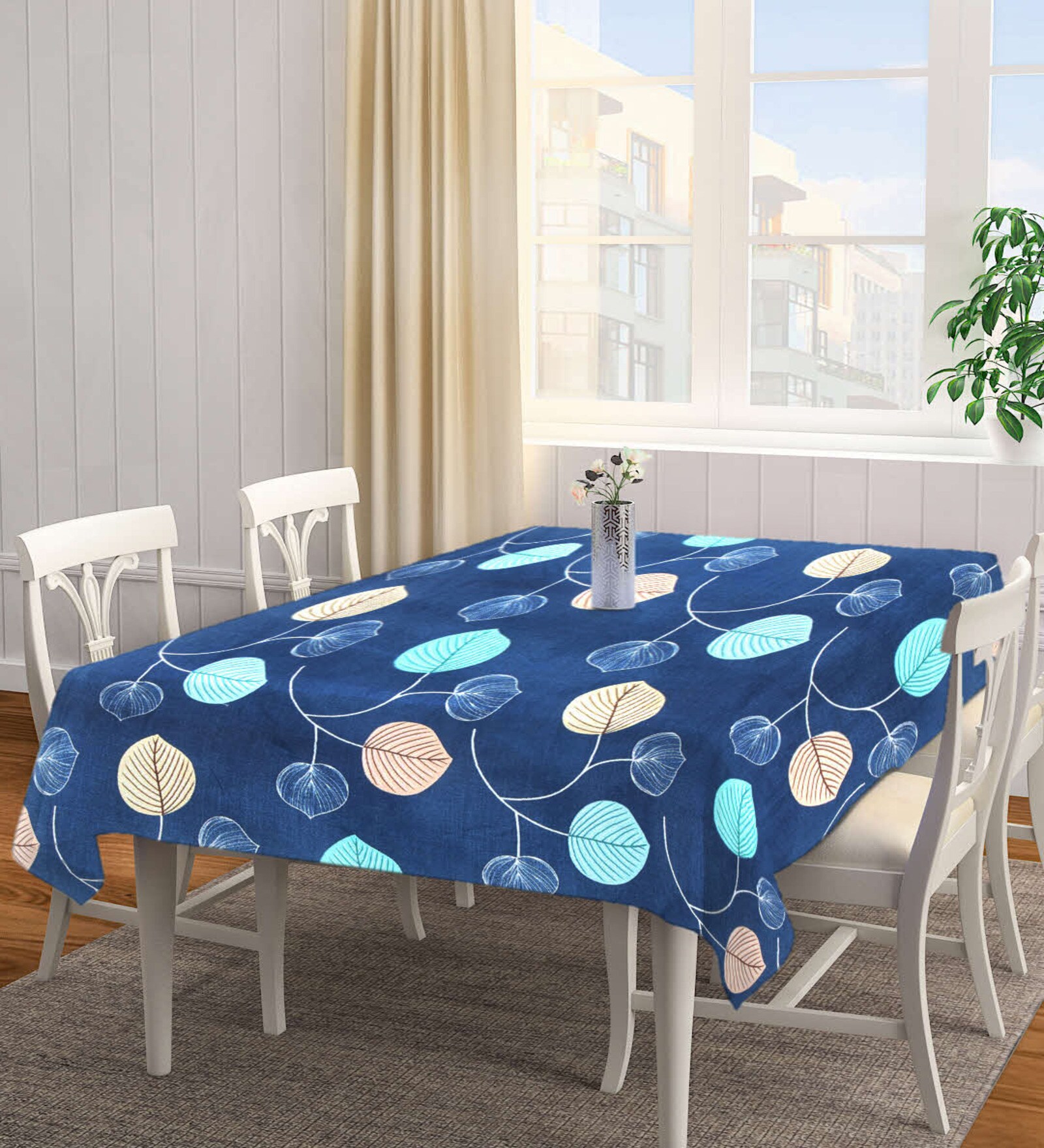 Blue Blended Cotton Leaf 86x60 Inches Table linen