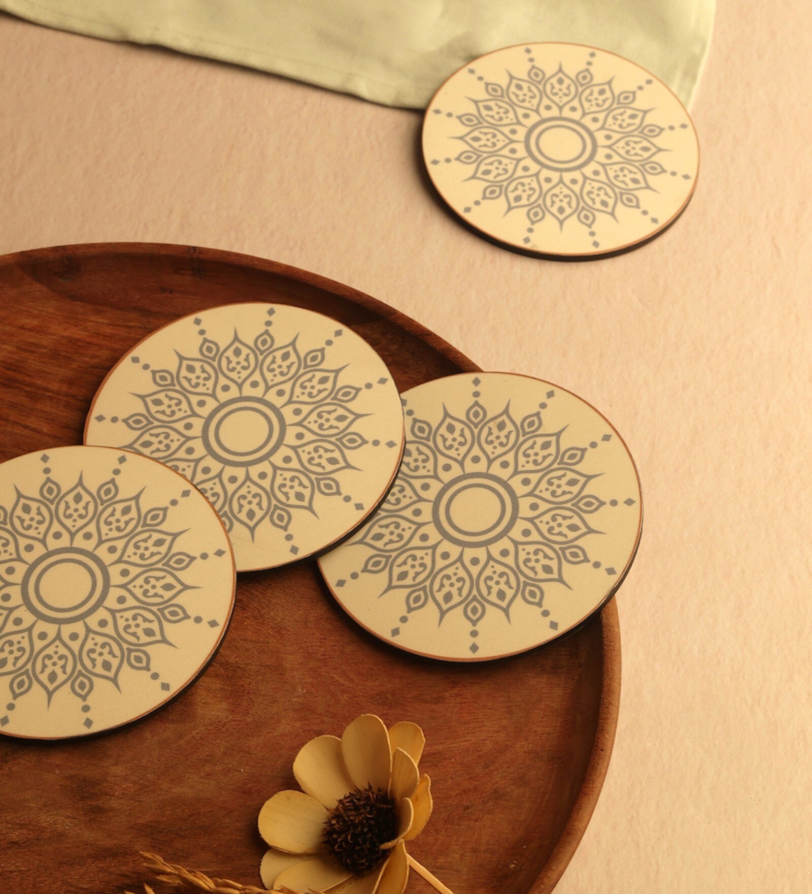 Cream Premium MDF Bloom Wood Coaster with Mandala Art