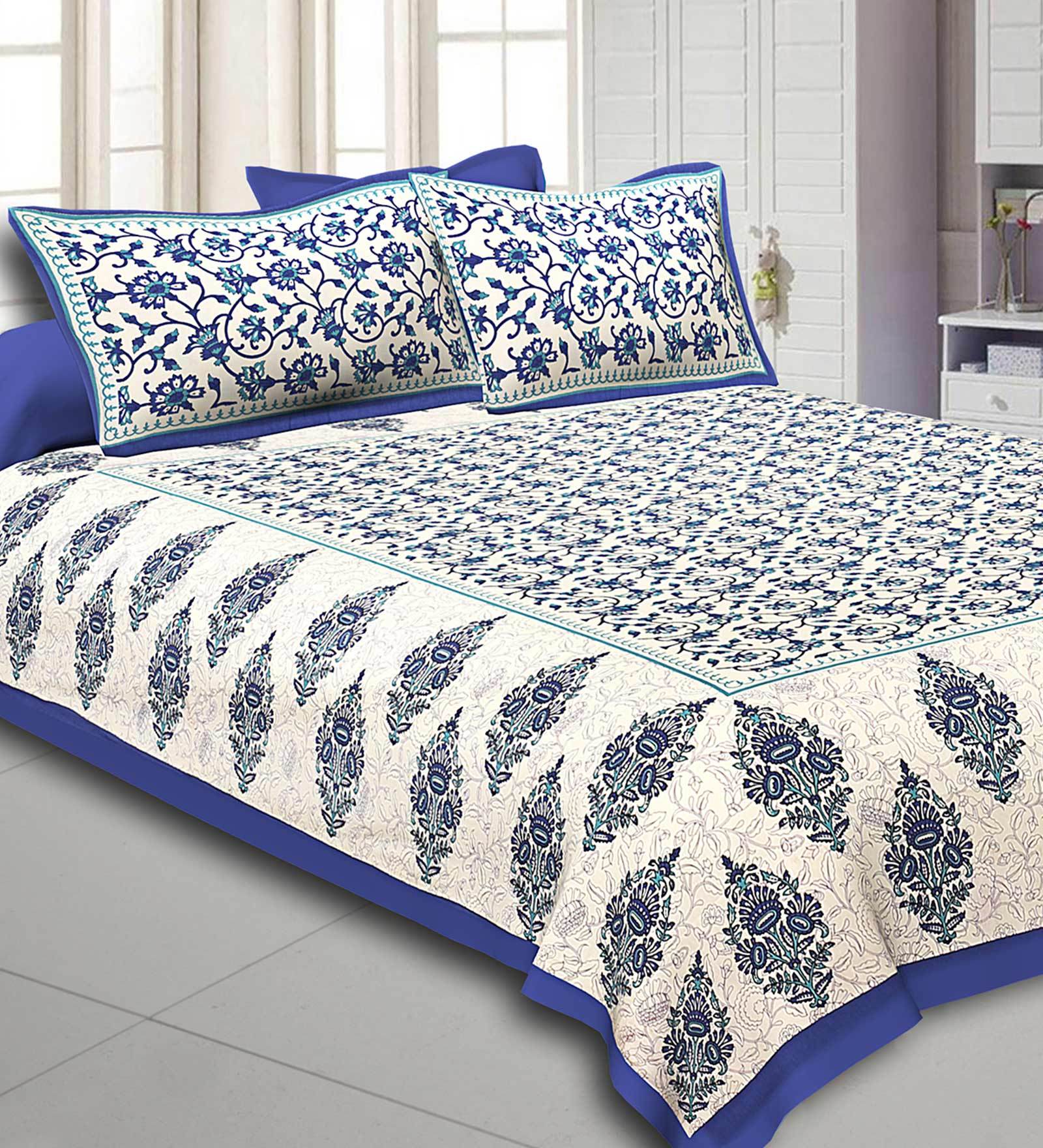 Blue Traditional 300 TC Cotton 1 Double Bedsheet with 2 Pillow Covers