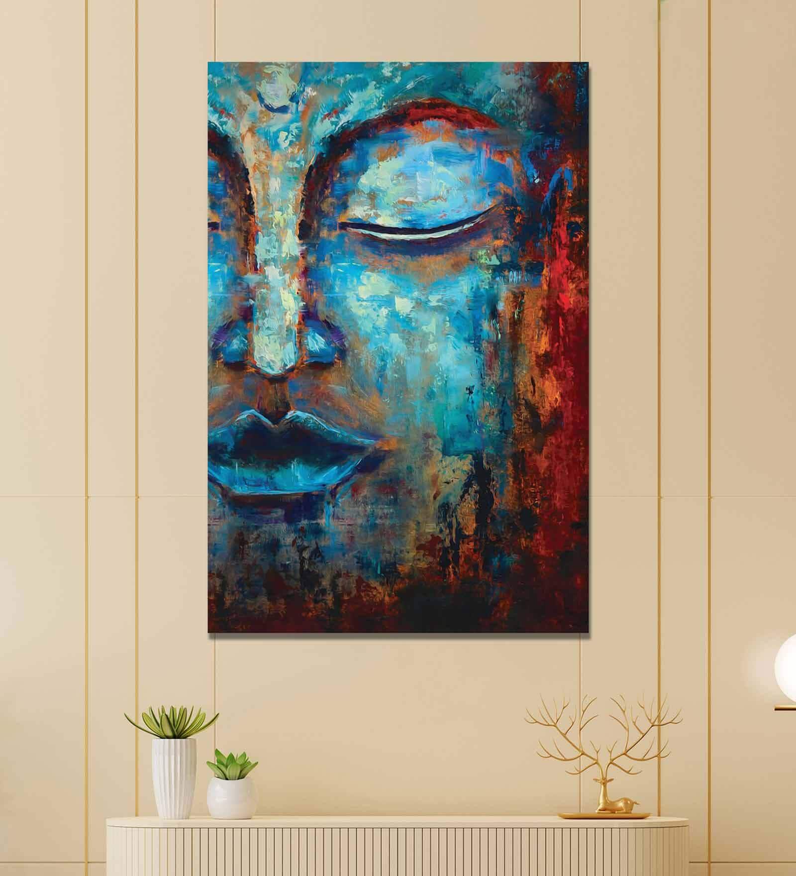 Oil Paint Buddha Blue Canvas Teakwood And MDF Framed Spiritual Art Print