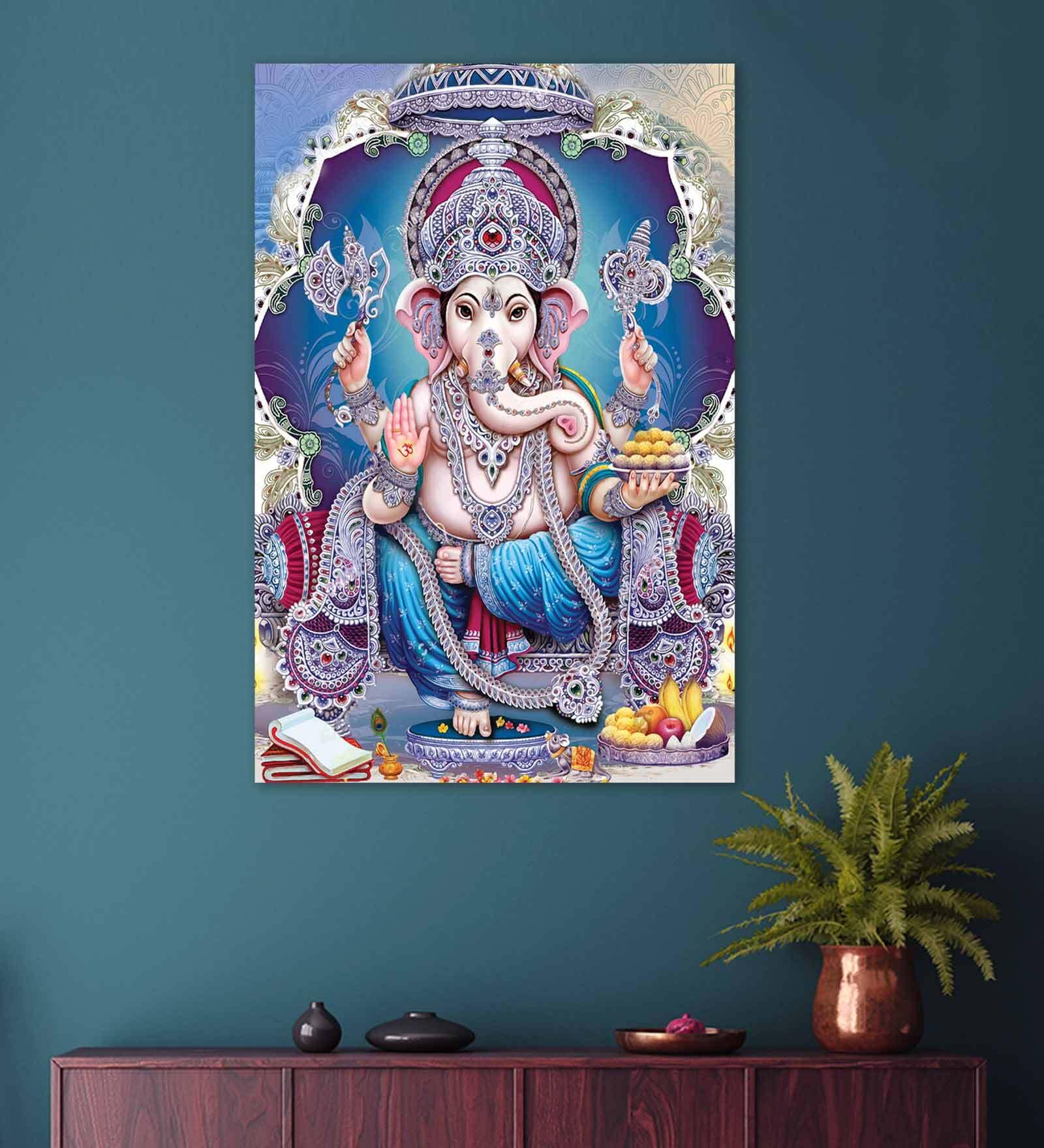 Lord Ganesha Multicolour Canvas Teakwood And MDF Framed Spiritual Art Print
